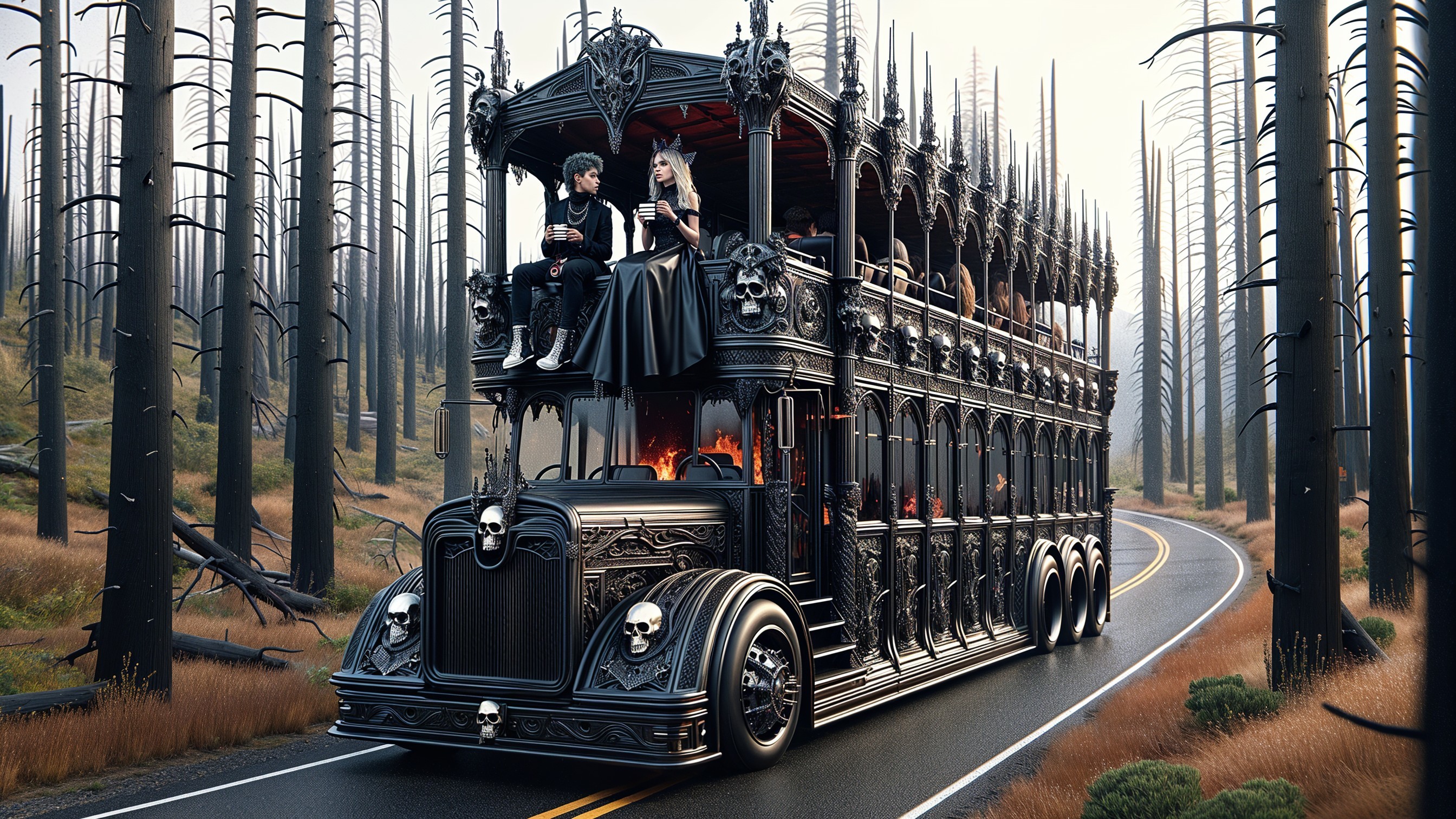 Gothic Double-Decker Bus in Eerie Landscape
