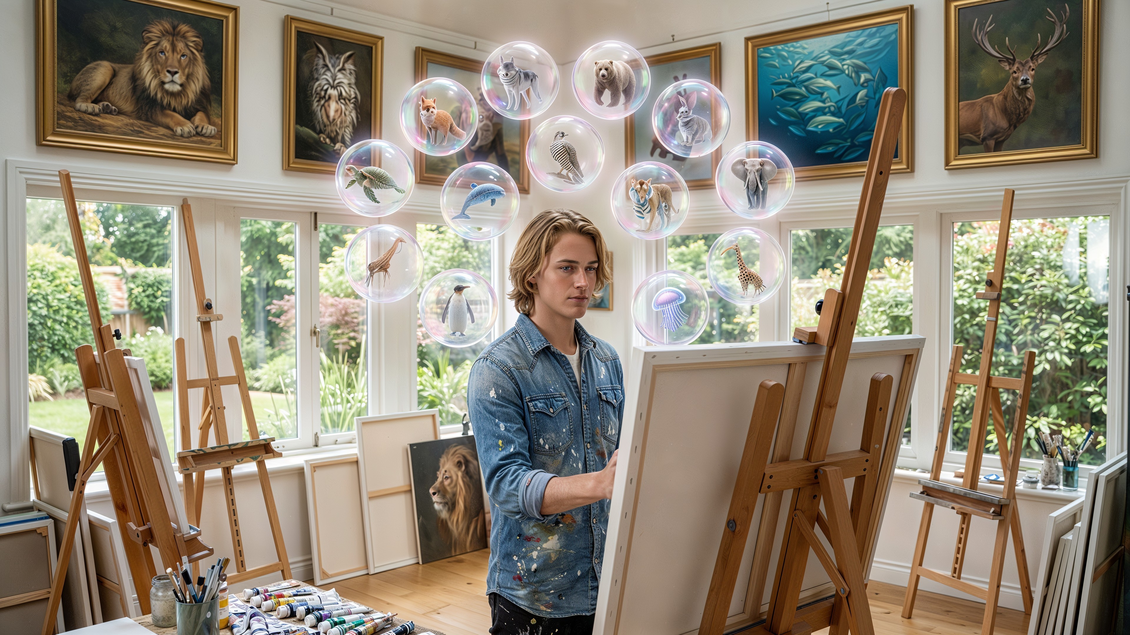 Painter in Studio Surrounded by Animal Bubbles