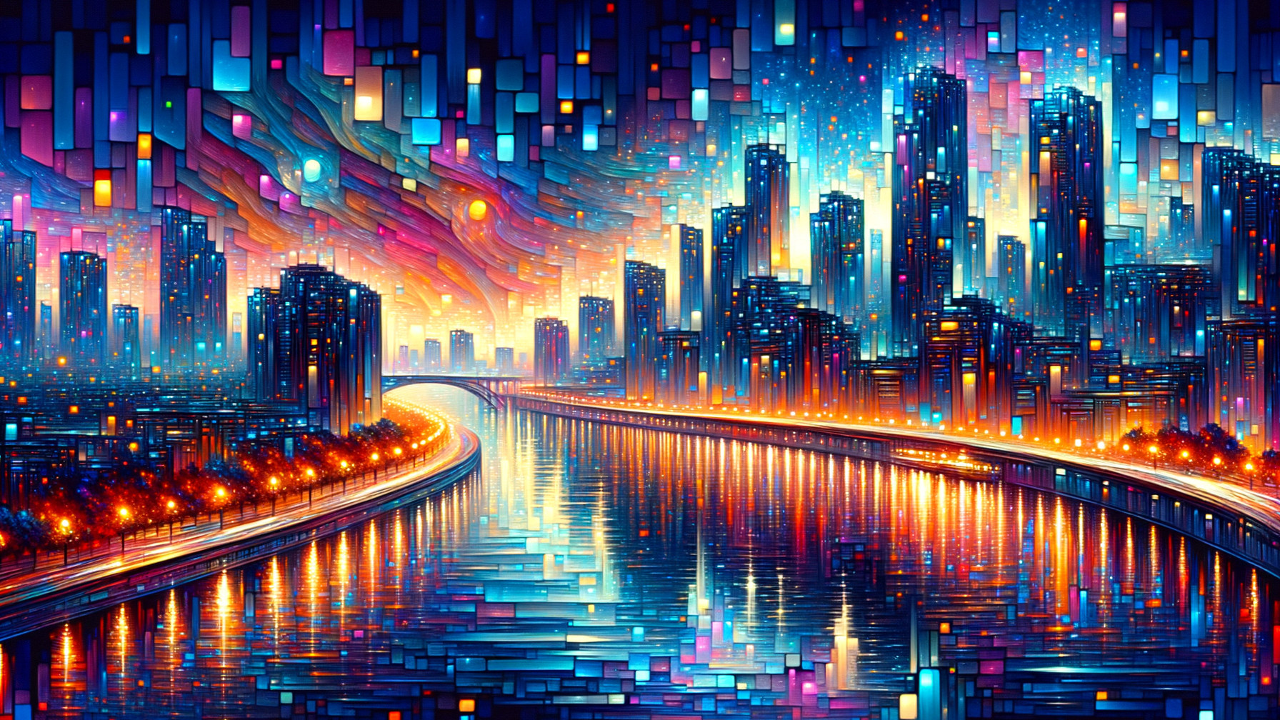 Vibrant Cityscape at Dusk with Reflections and Lights
