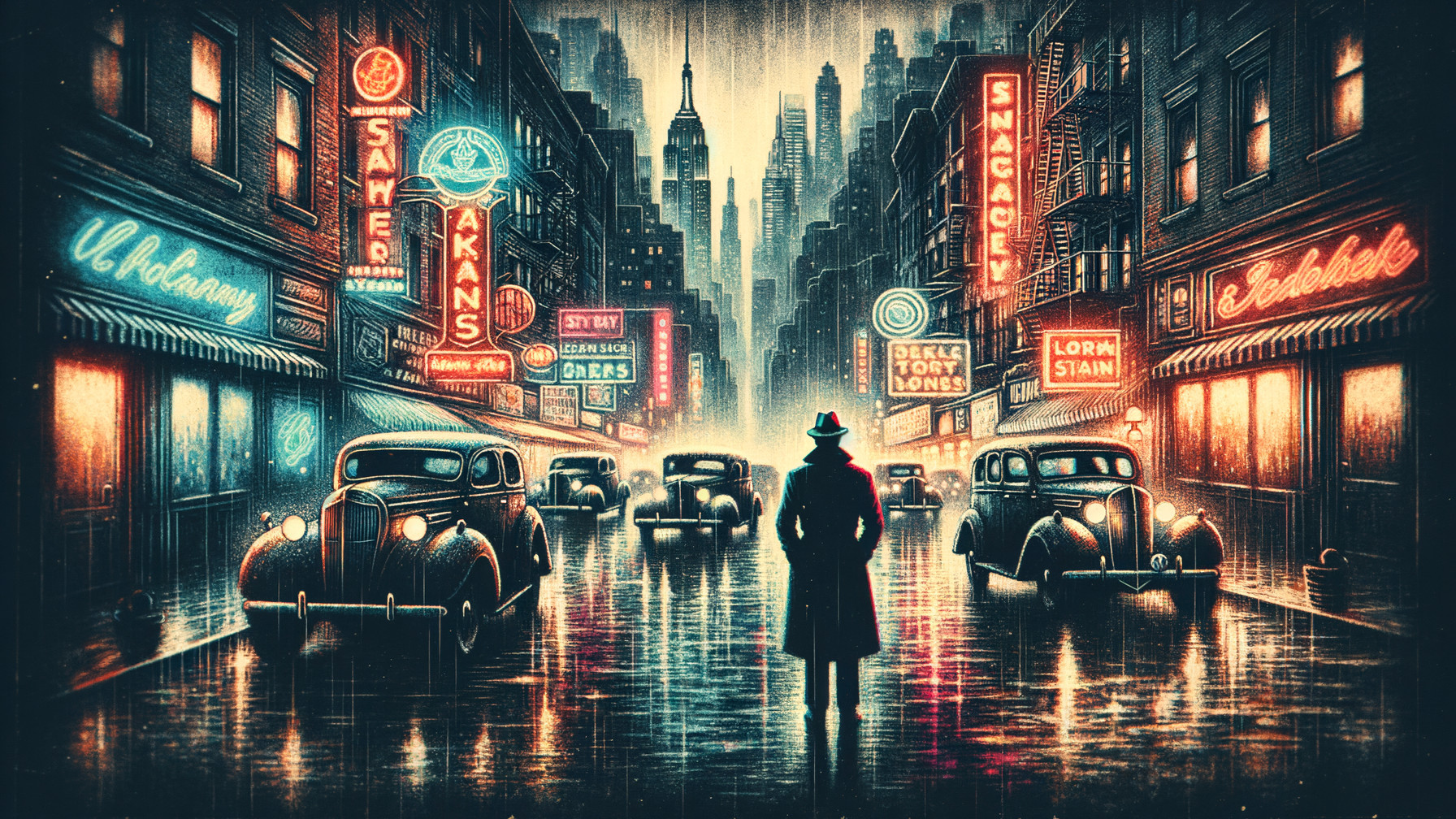 Rainy Night City Street with Neon Lights and Vintage Cars