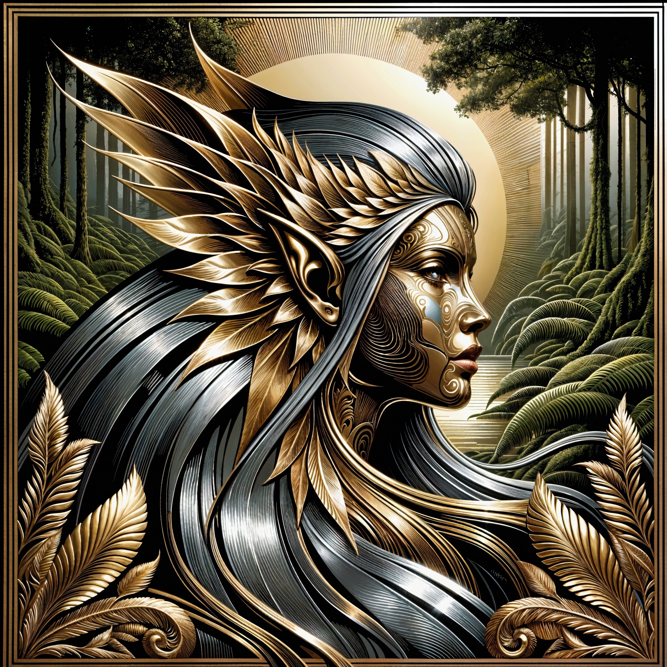 Stylized female figure in golden designs in forest