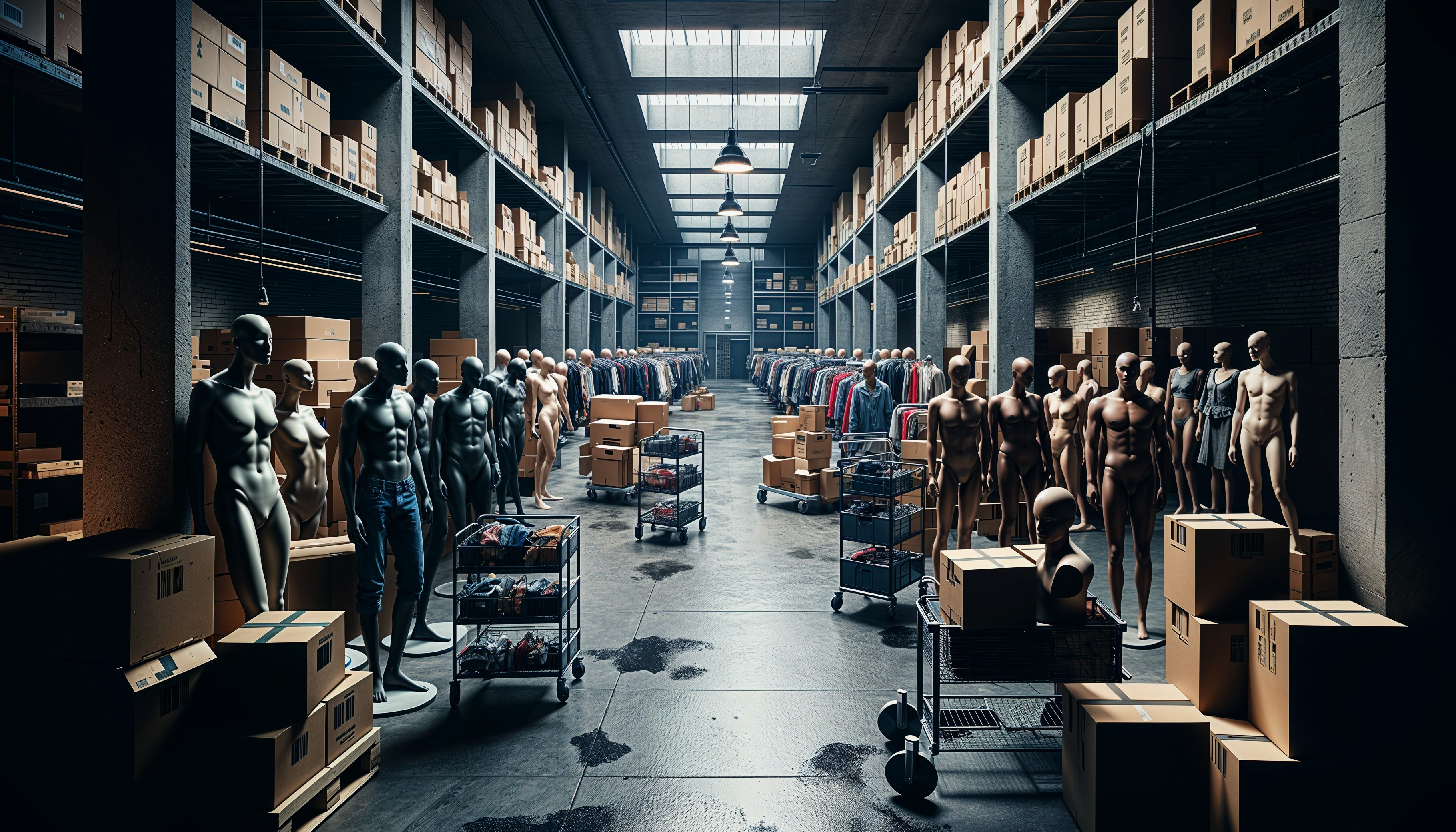 Warehouse Interior with Shelves and Mannequins