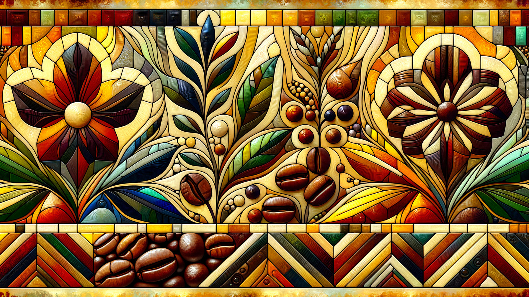 Vibrant Stained Glass Artwork with Flowers and Coffee Beans