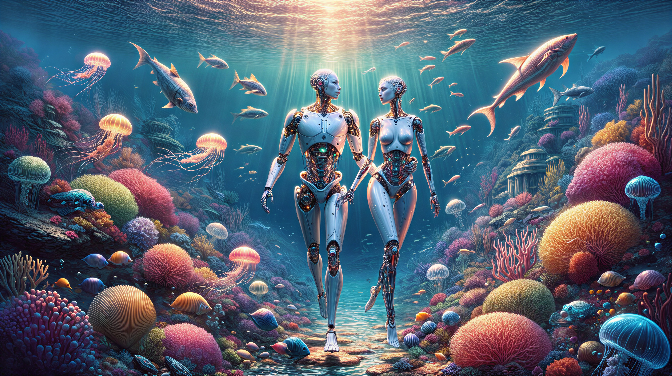 Humanoid Robots Exploring a Vibrant Underwater Scene