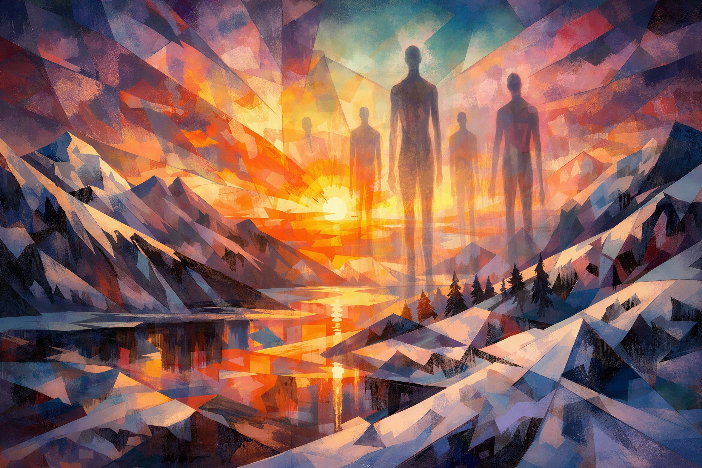 Cubist Mountain Landscape with Sunset and Figures