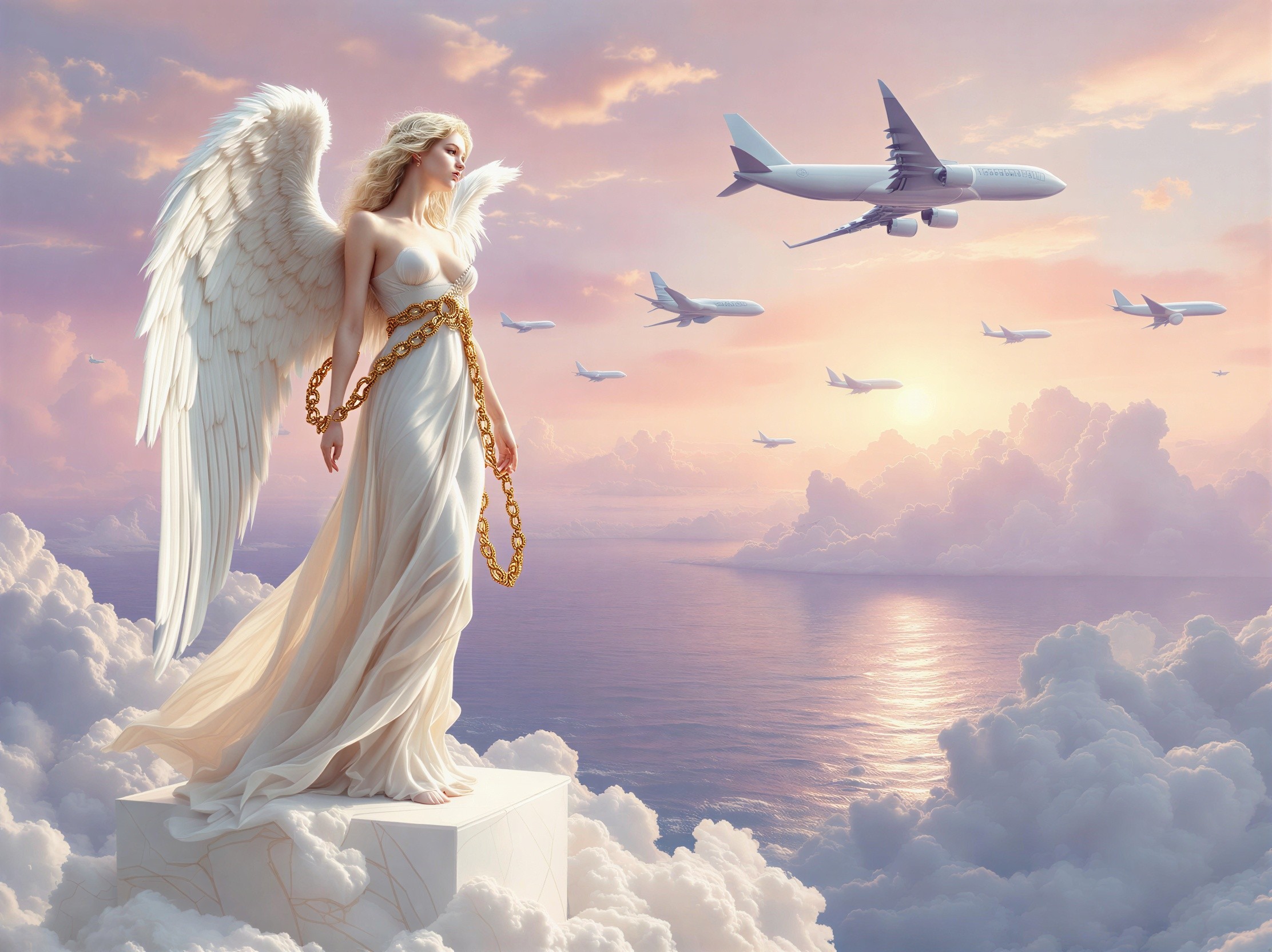 Celestial Figure with Wings Above Clouds at Sunset