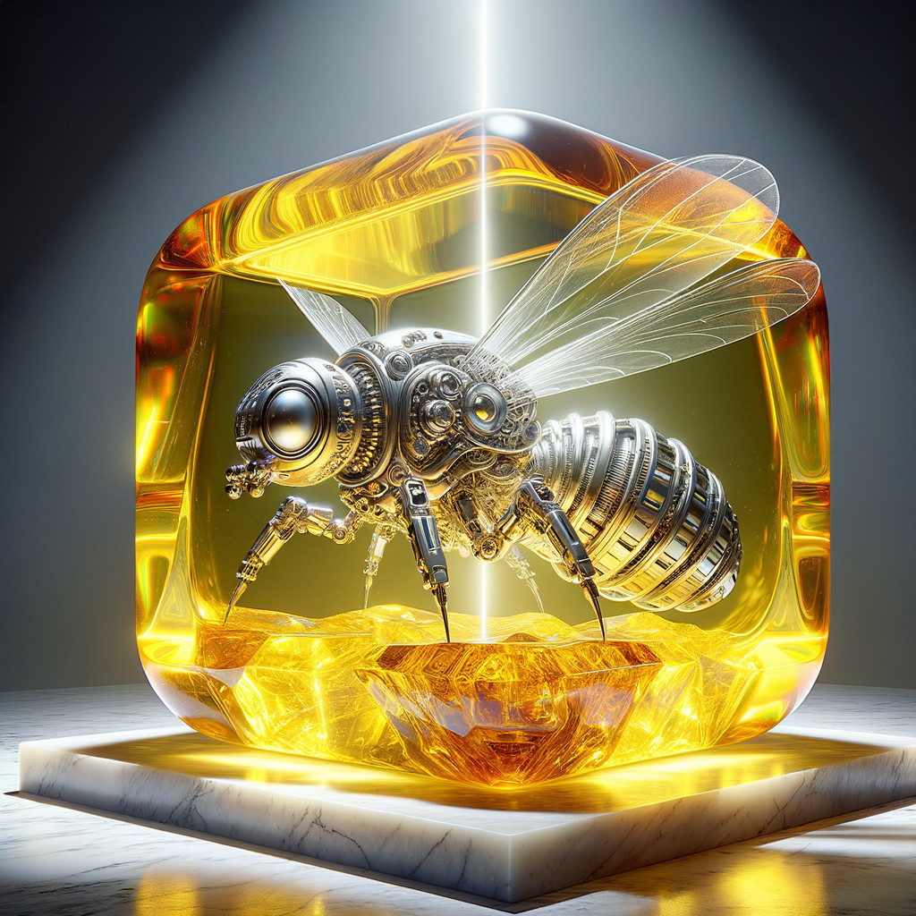 Futuristic Metallic Bee in Translucent Amber Cube