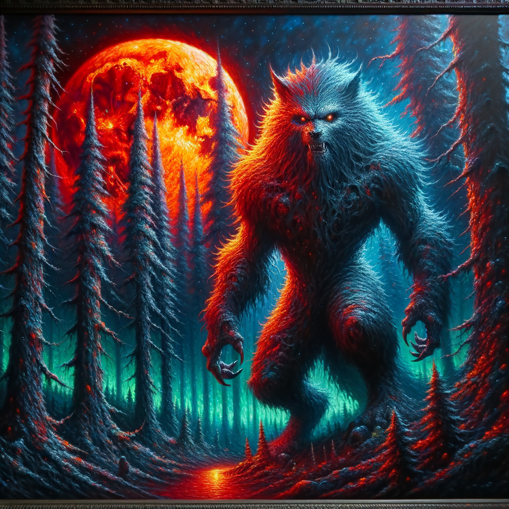 Furry Creature in Dark Forest with Blood-Red Moon