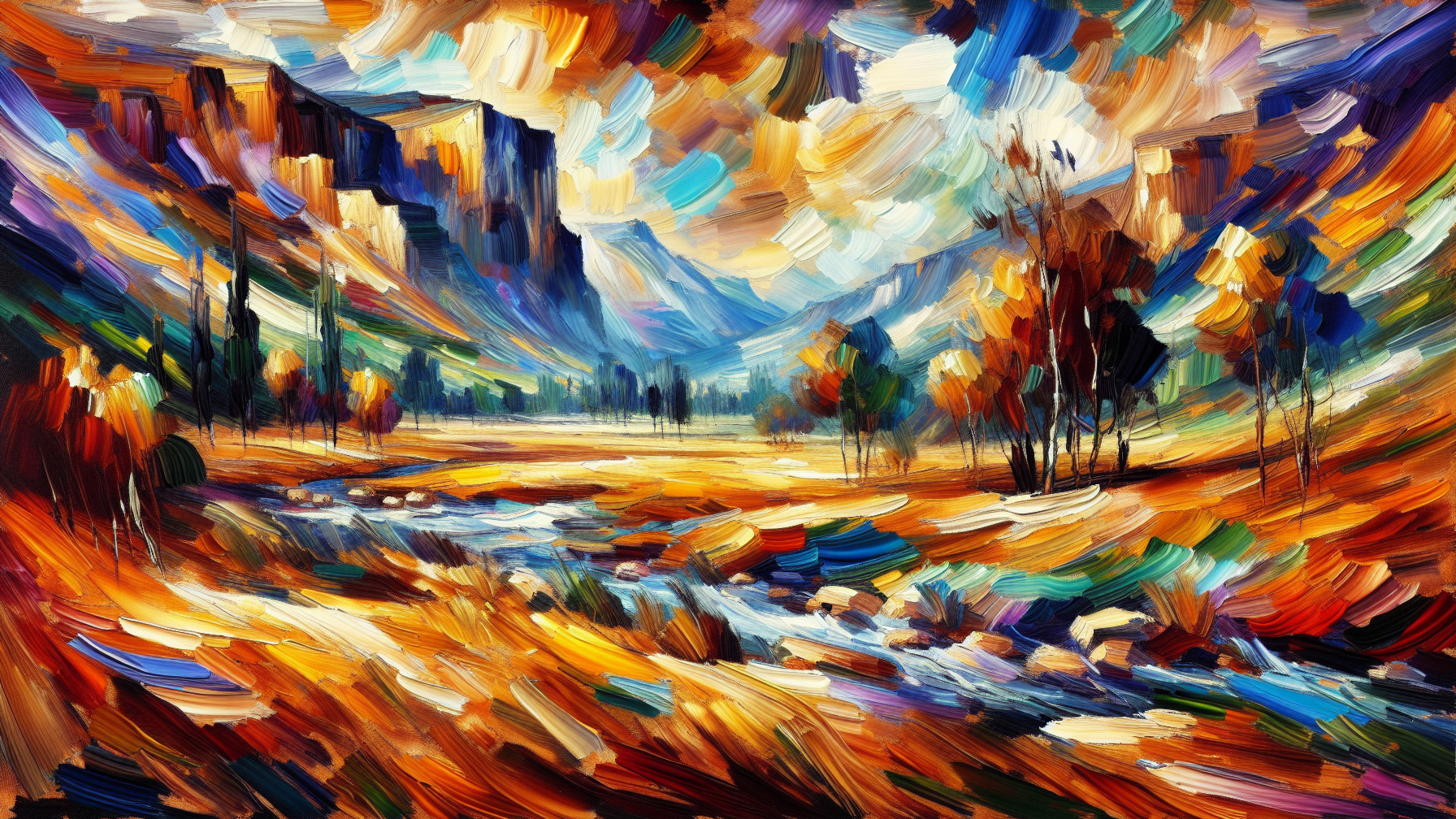 Vibrant Landscape with River and Autumn Mountains