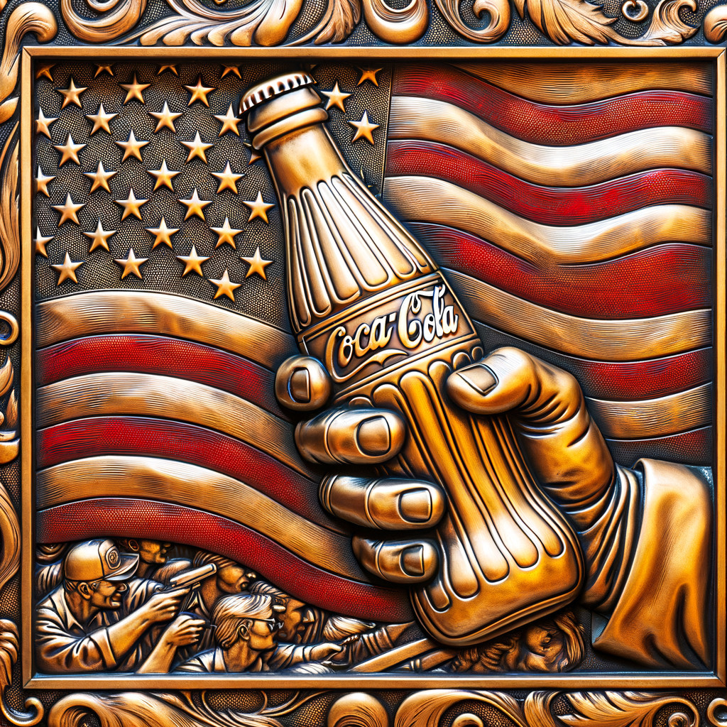 Sculpted Hand Holding Coca-Cola Bottle with Flag Backdrop