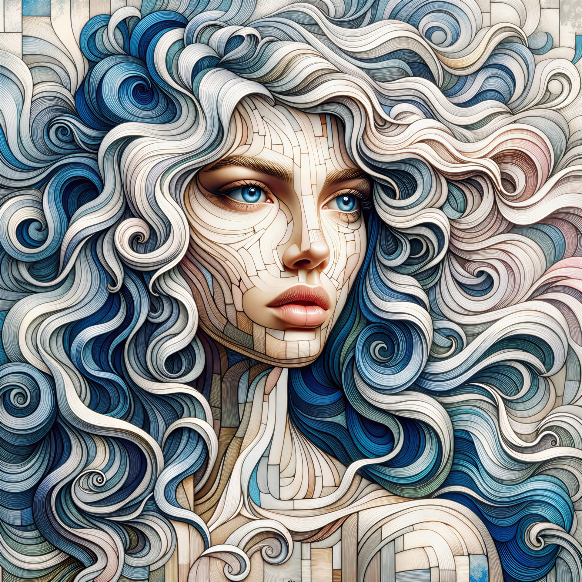 Stylized portrait of a woman with intricate blue hair