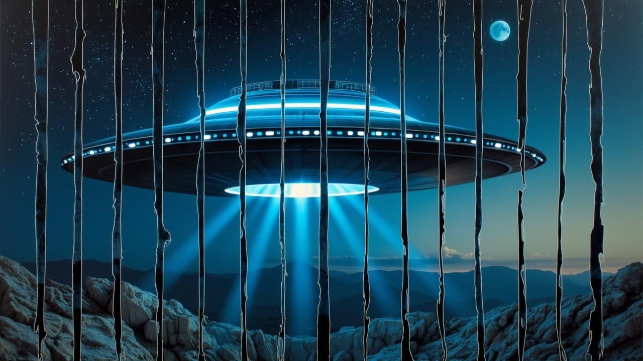 Futuristic UFO Over Rocky Terrain with Blue Light Beams