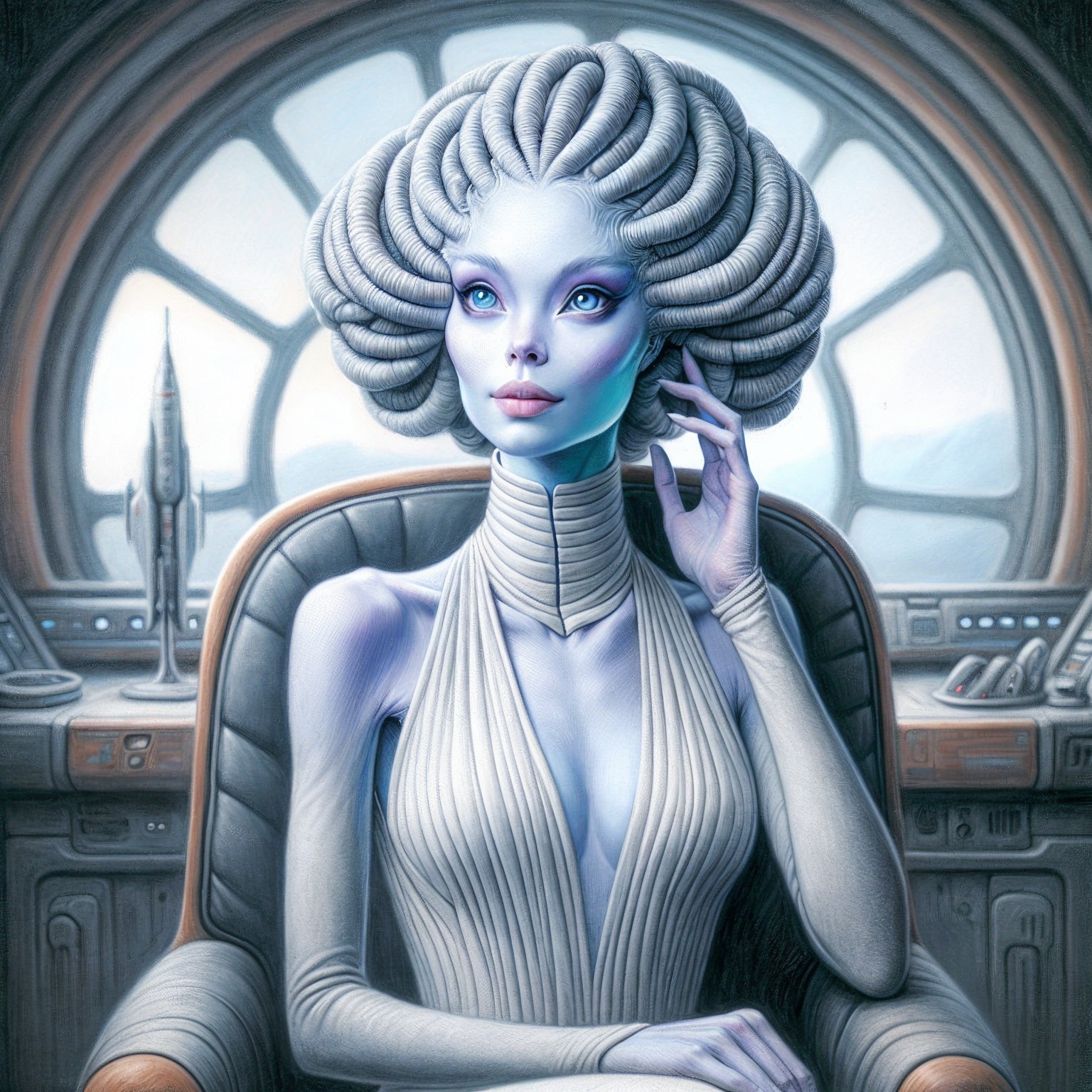 Futuristic Alien Woman in Spacecraft Control Room