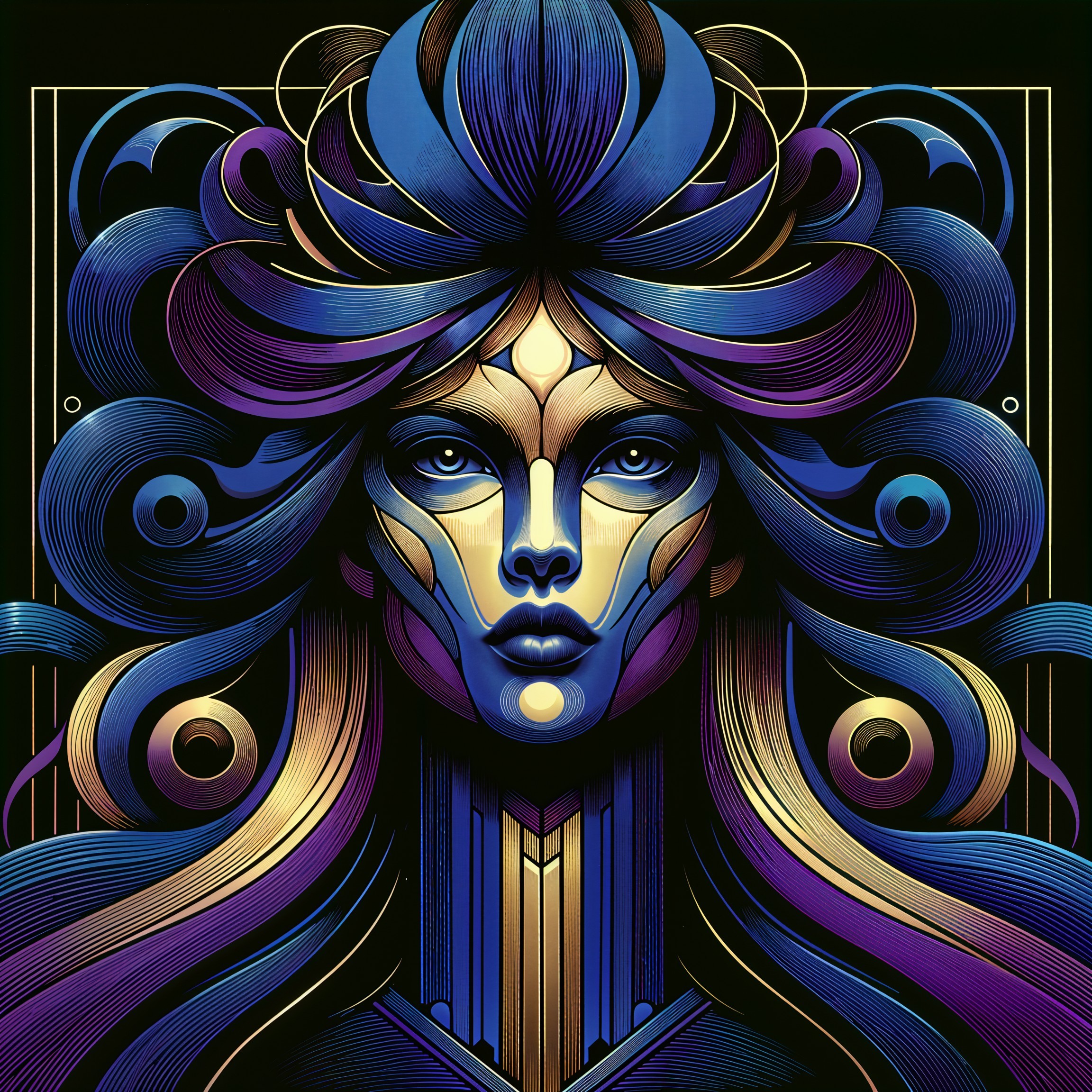 Stylized female face with intricate hair and vibrant colors