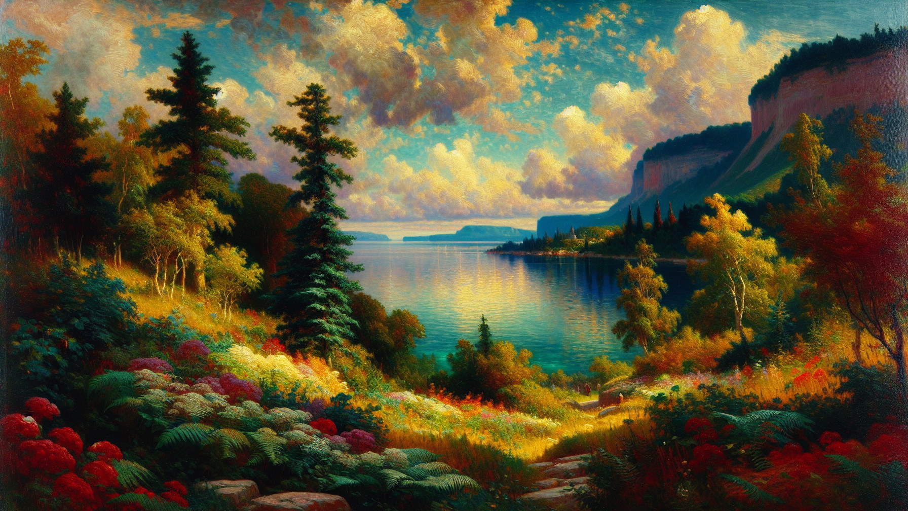 Vibrant Landscape Painting of Serene Lake and Nature
