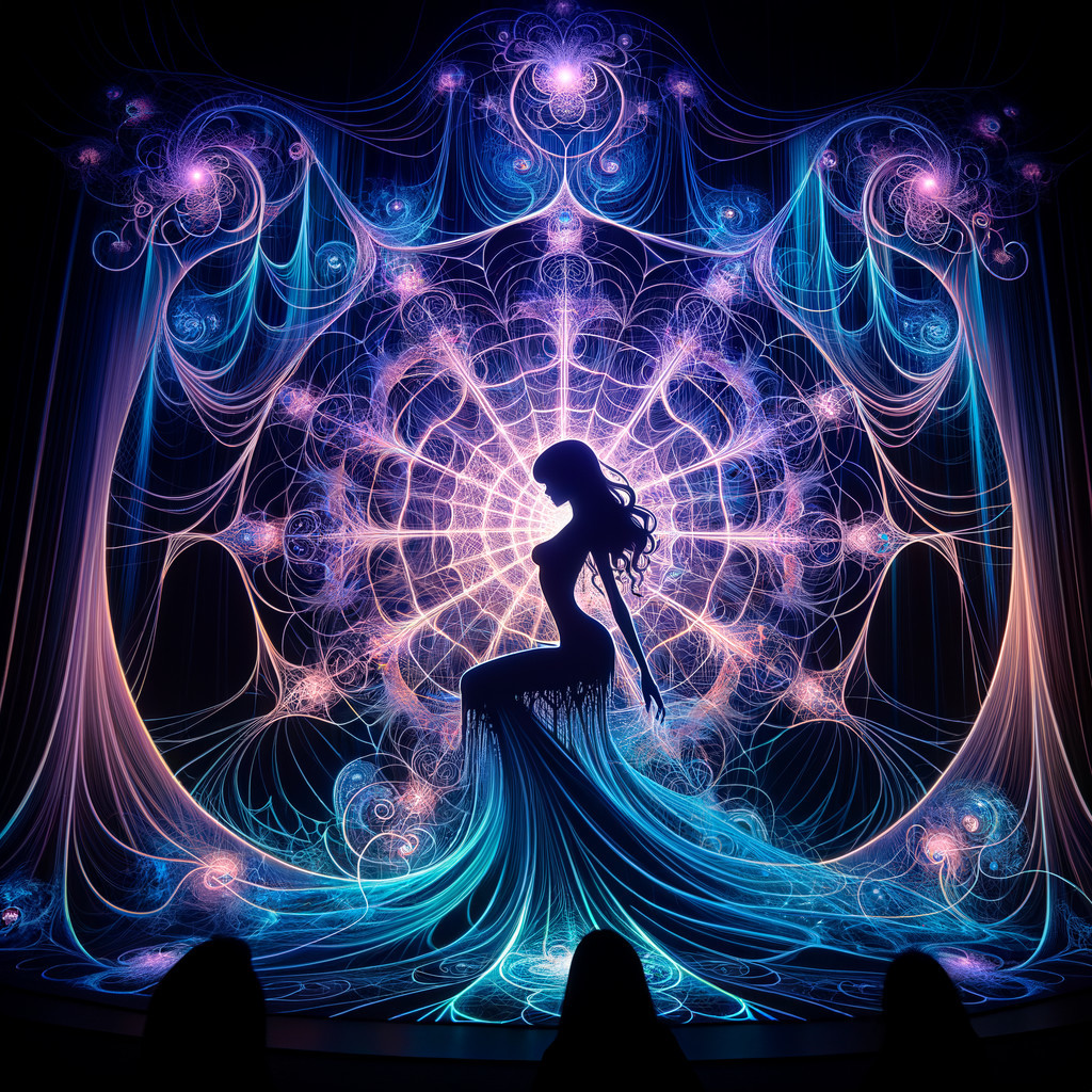 Silhouette of a Woman Against Colorful Fractal Patterns