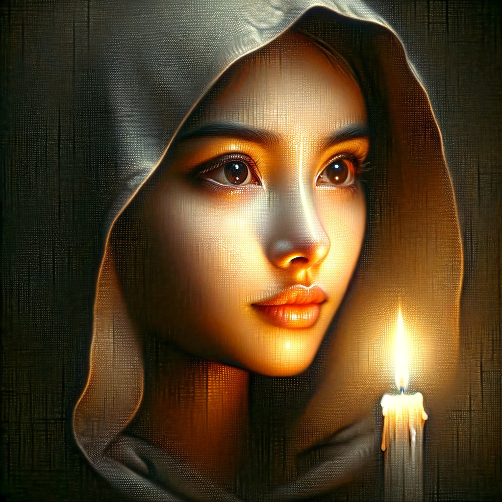 Contemplative Young Woman in Candlelight Cloak