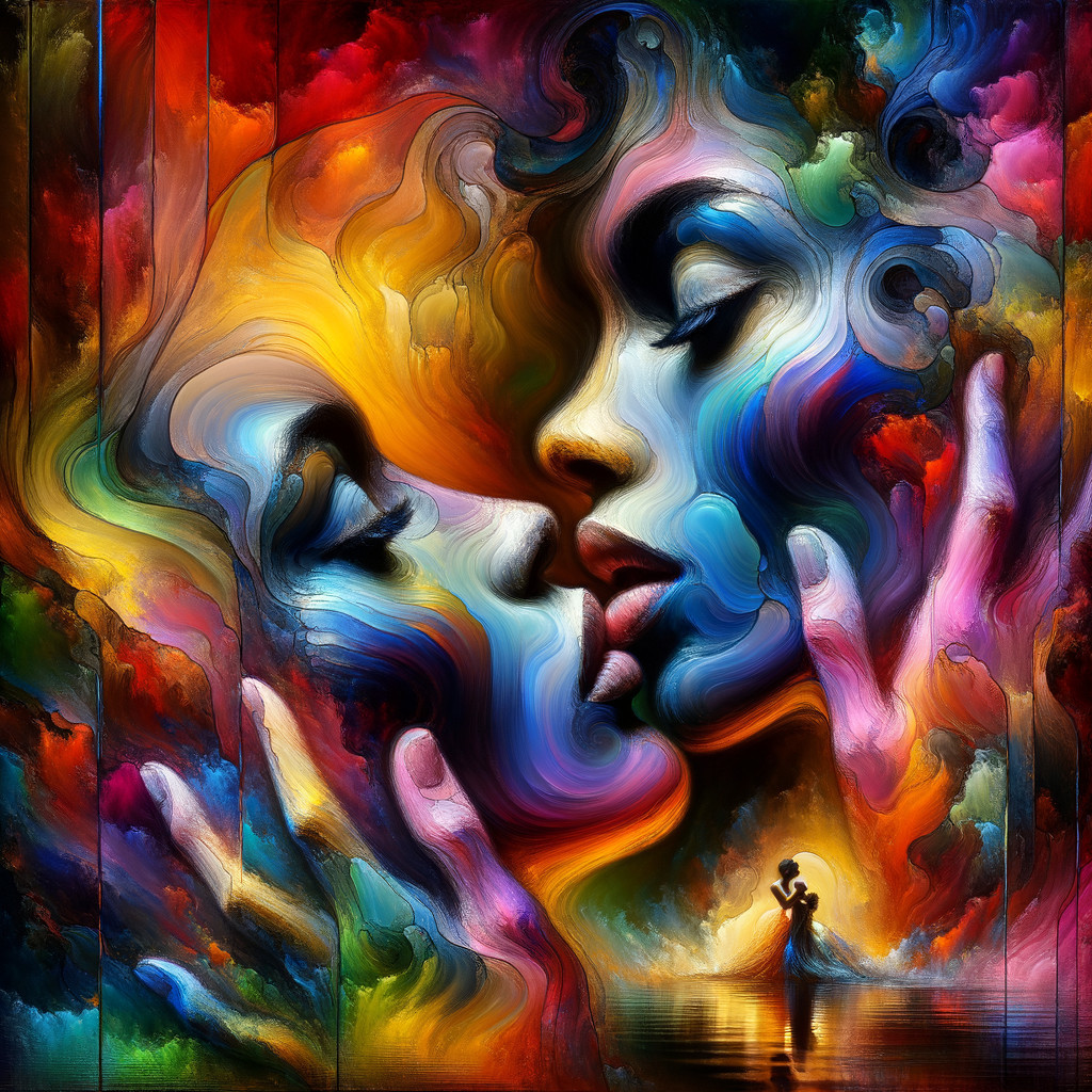 Abstract Stained Glass Kissing Faces with Vibrant Colors