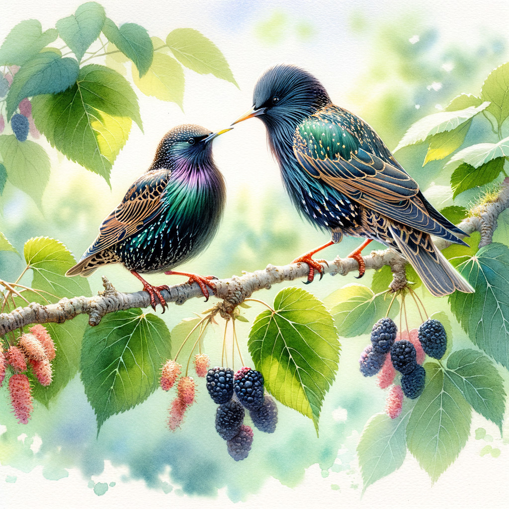 Vibrant Starlings on a Branch Amidst Greenery