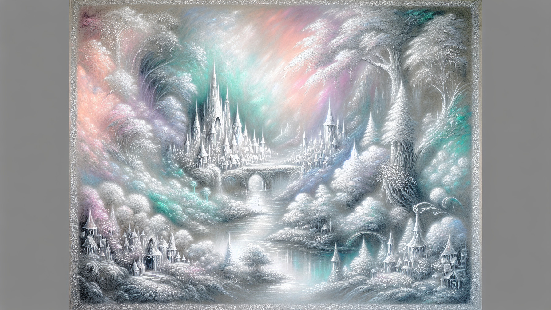 Pastel Landscape Featuring a White Castle and River