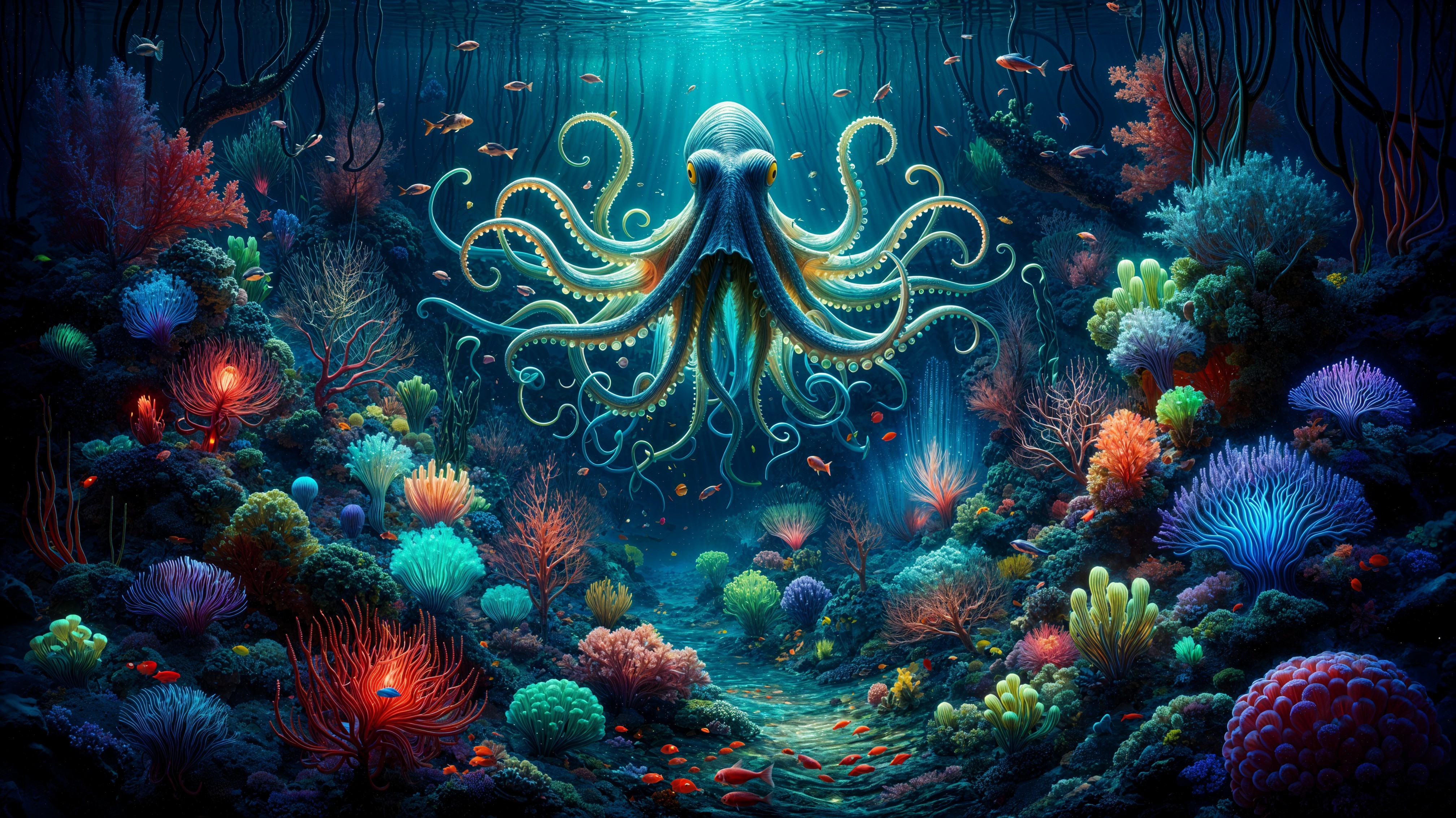 Majestic Octopus in Colorful Coral Reef Scene