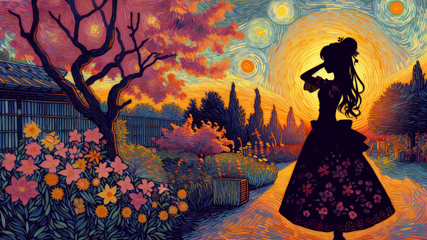Impressionistic Landscape with Silhouetted Woman