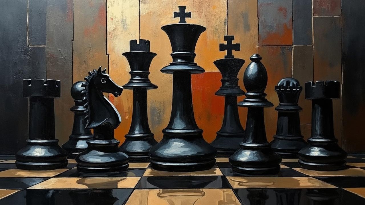 Dramatic Chess Scene with Black Pieces and Warm Hues