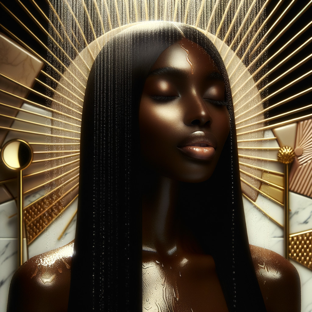 Serene figure with golden halo and geometric patterns