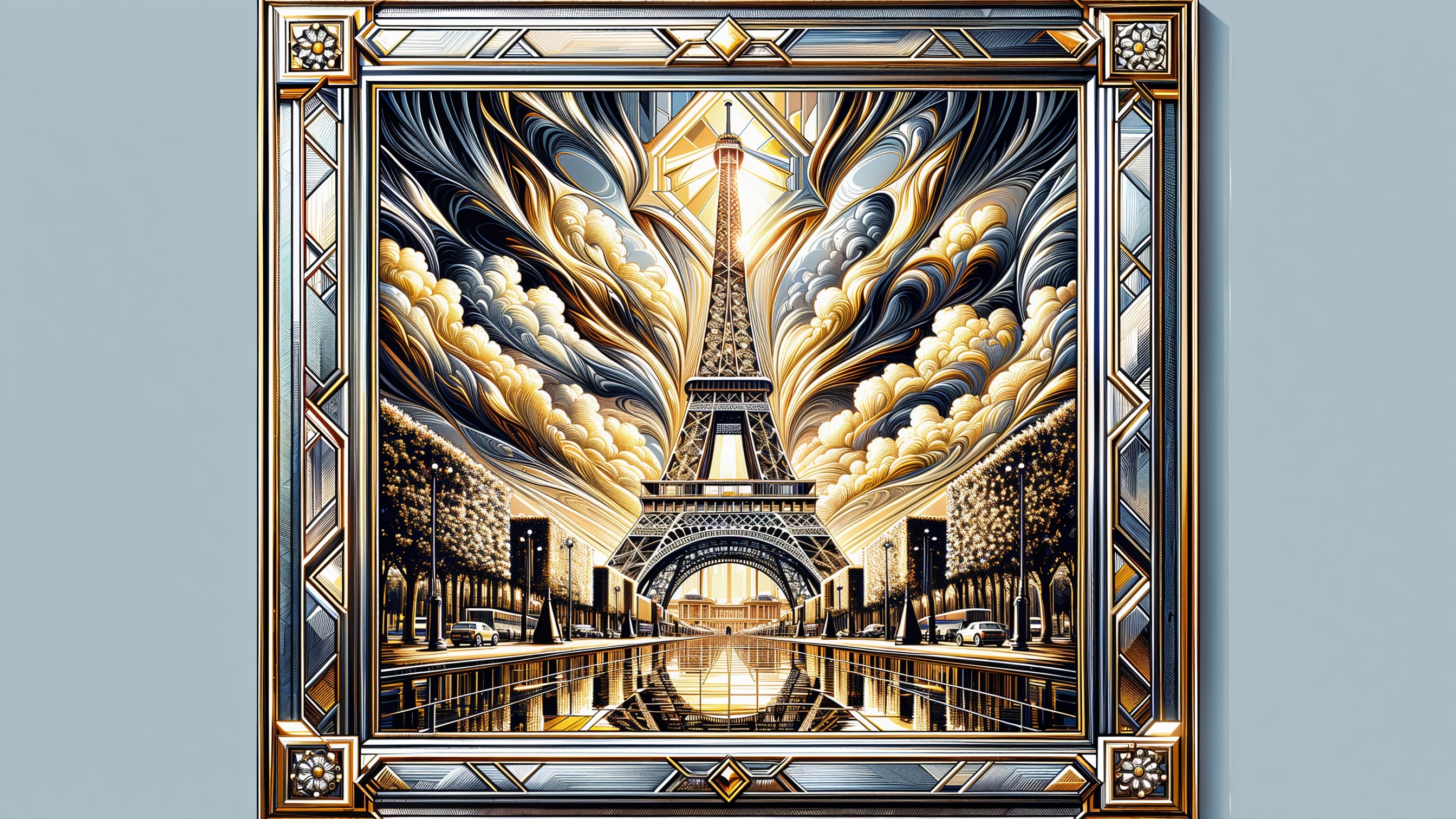 Artistic View of Eiffel Tower with Clouds and Water