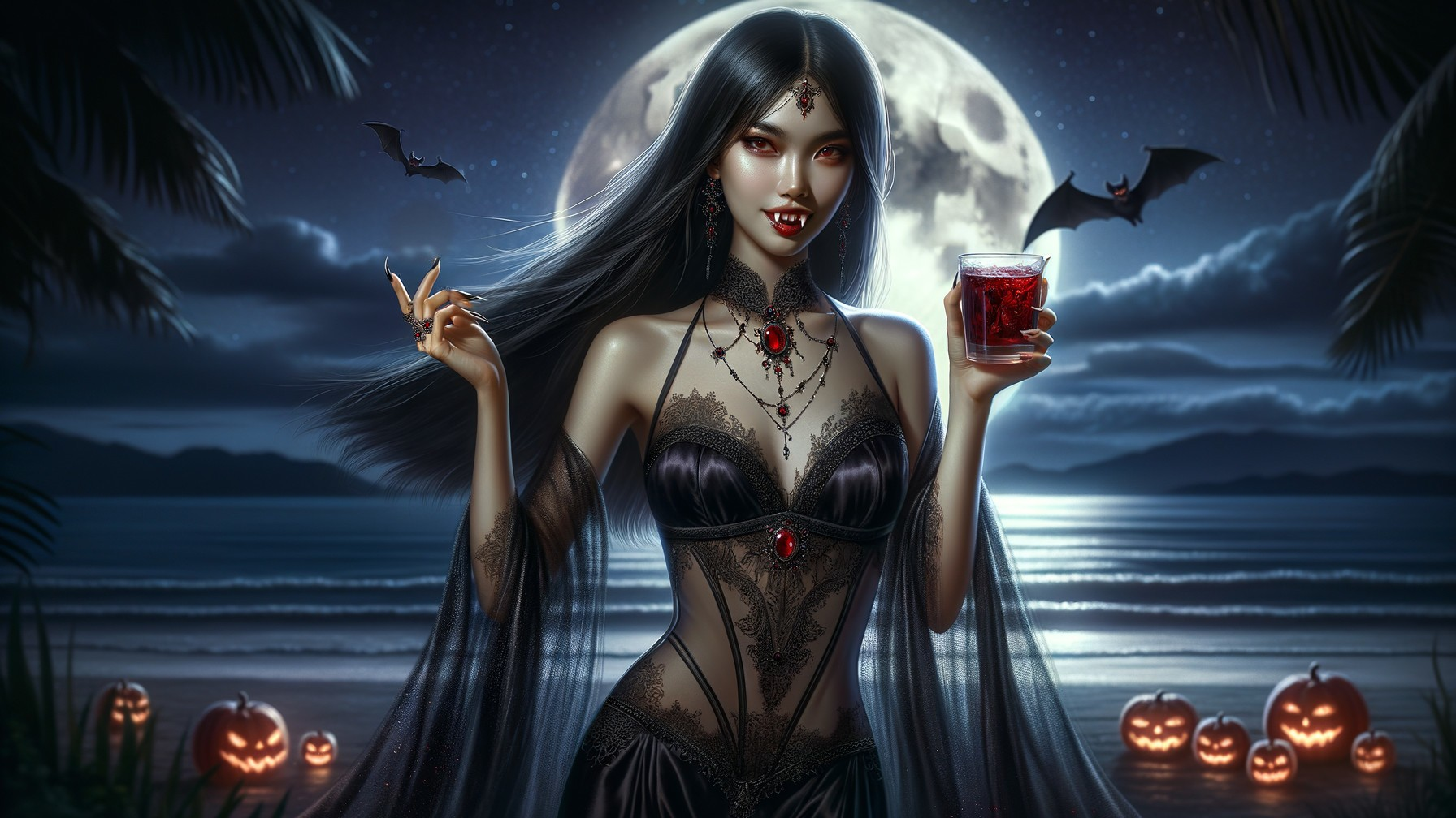 Mysterious Figure in Black Gown by Moonlit Shore