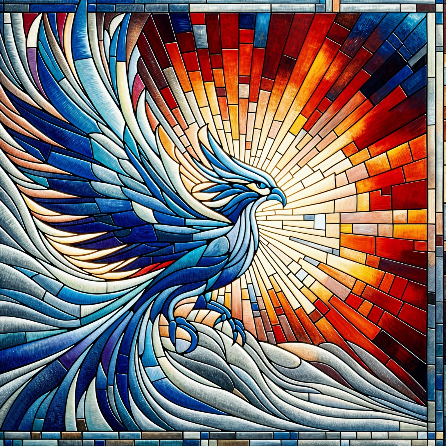 Vibrant Stained Glass Artwork of a Rising Phoenix