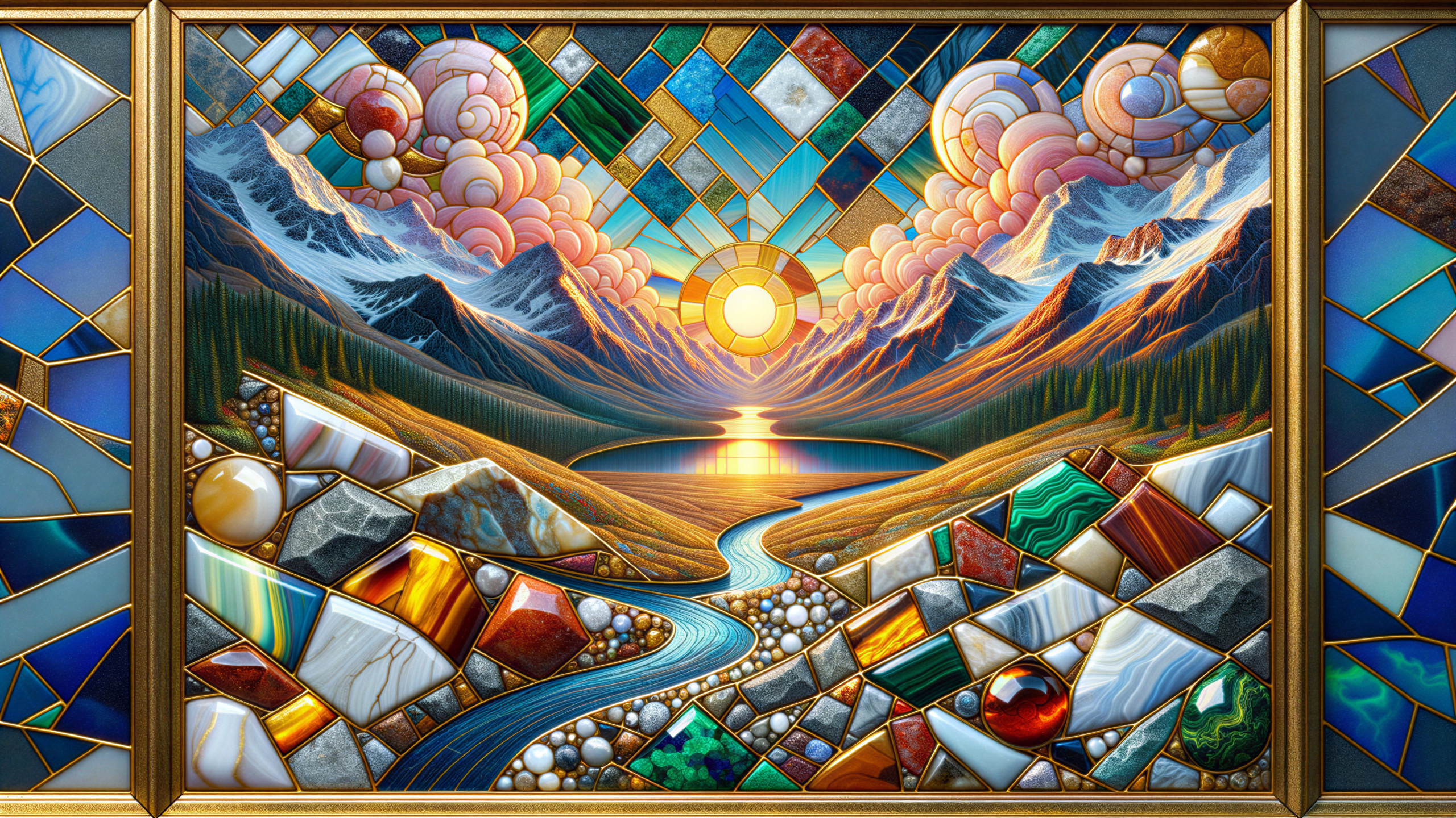 Vibrant Stained Glass Landscape with Mountains and Lake