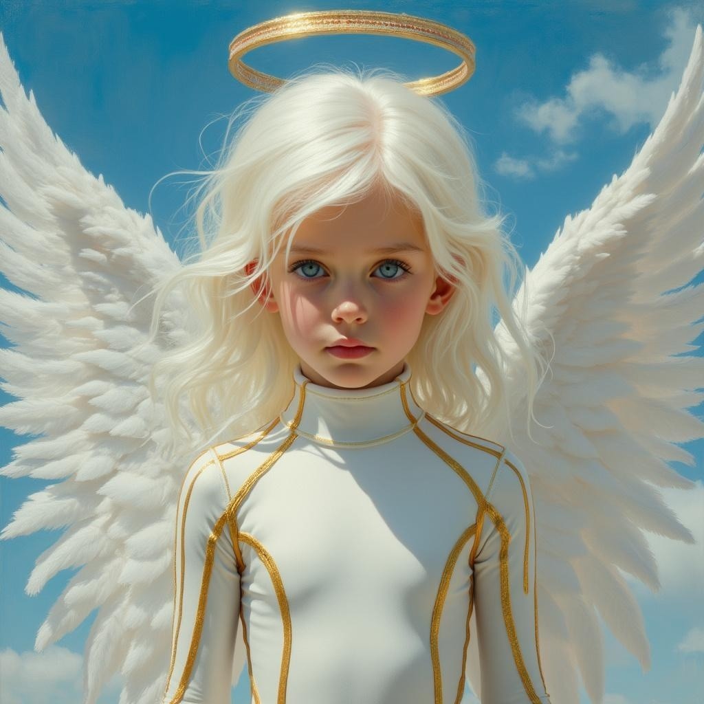 Young Angelic Figure with Wings and Halo in Sky