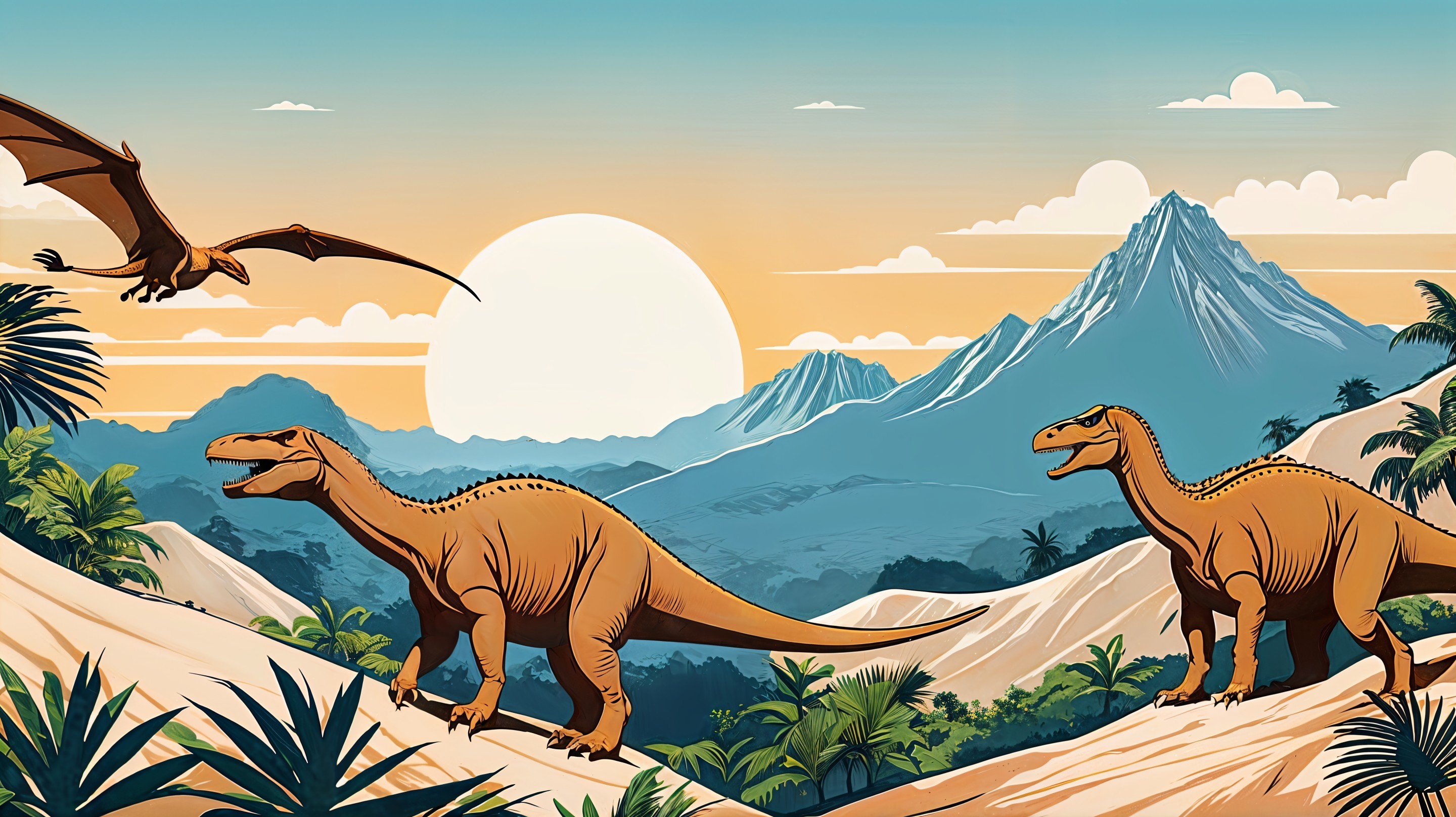 Prehistoric Landscape with Dinosaurs and Sunset Sky