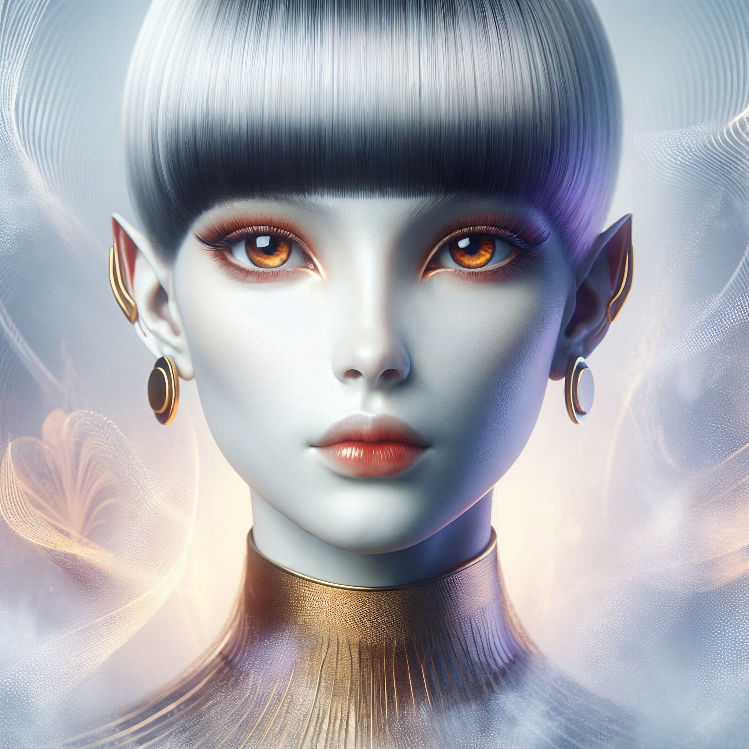 Humanoid Figure with Pale Skin and Orange Eyes