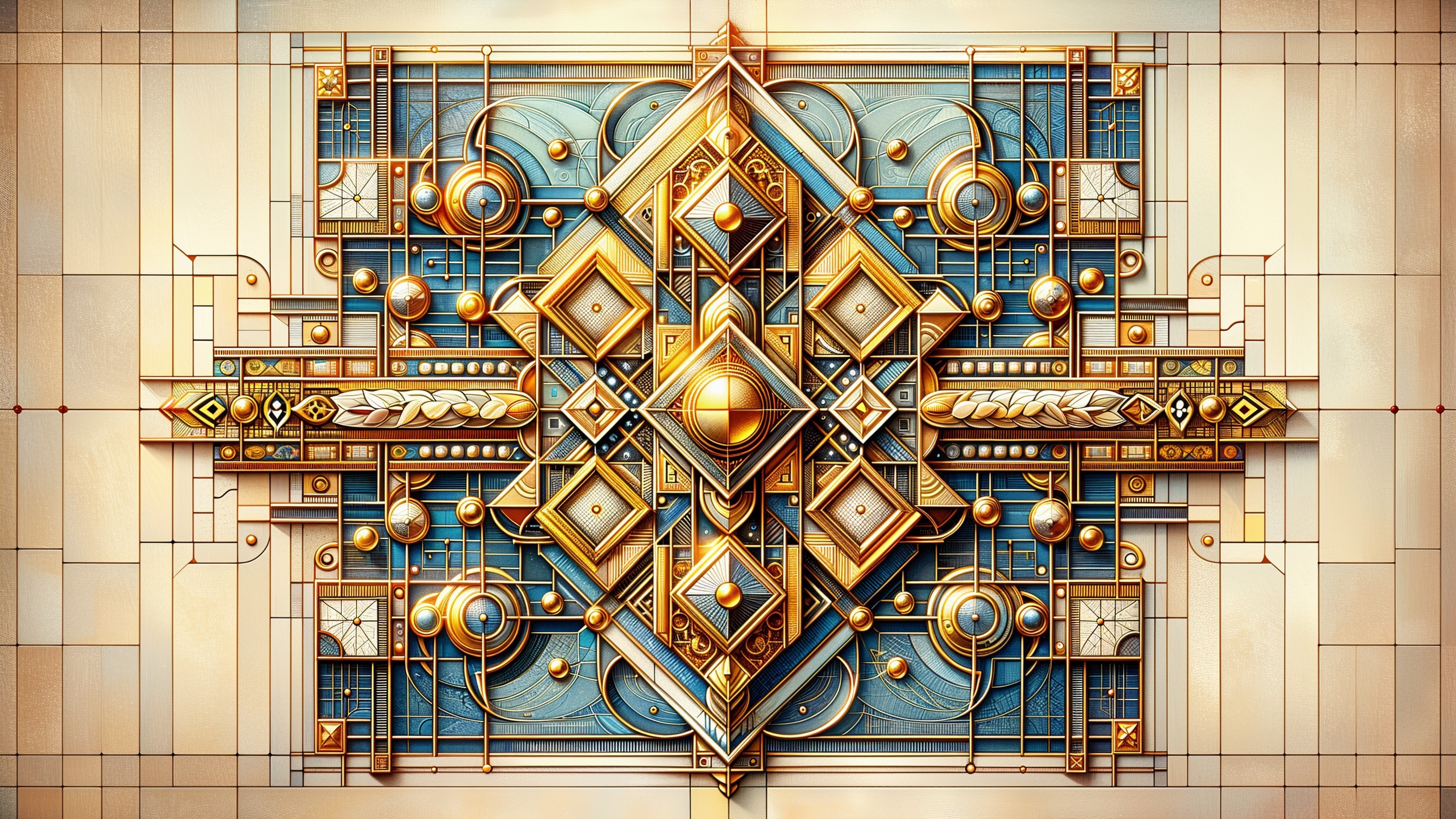 Intricate geometric design in gold and blue hues