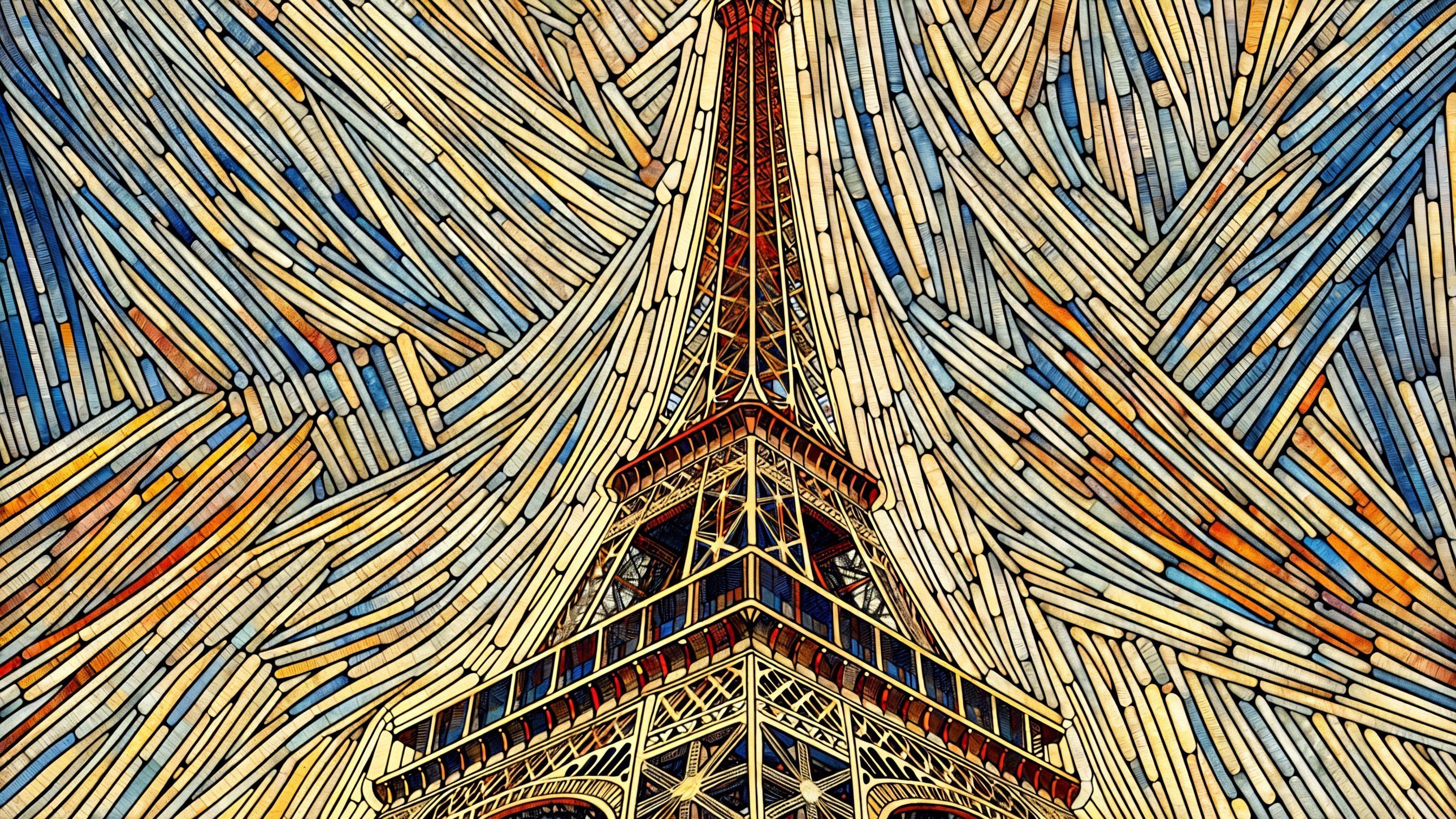 Stylized depiction of the Eiffel Tower with vibrant colors