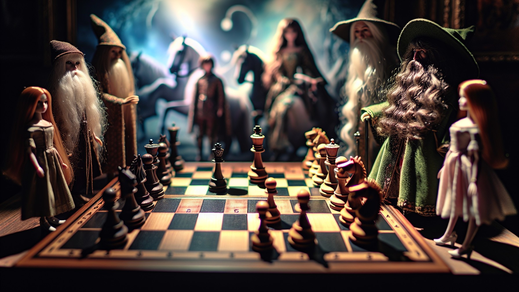 Whimsical Chess Scene with Fantasy Characters and Dolls