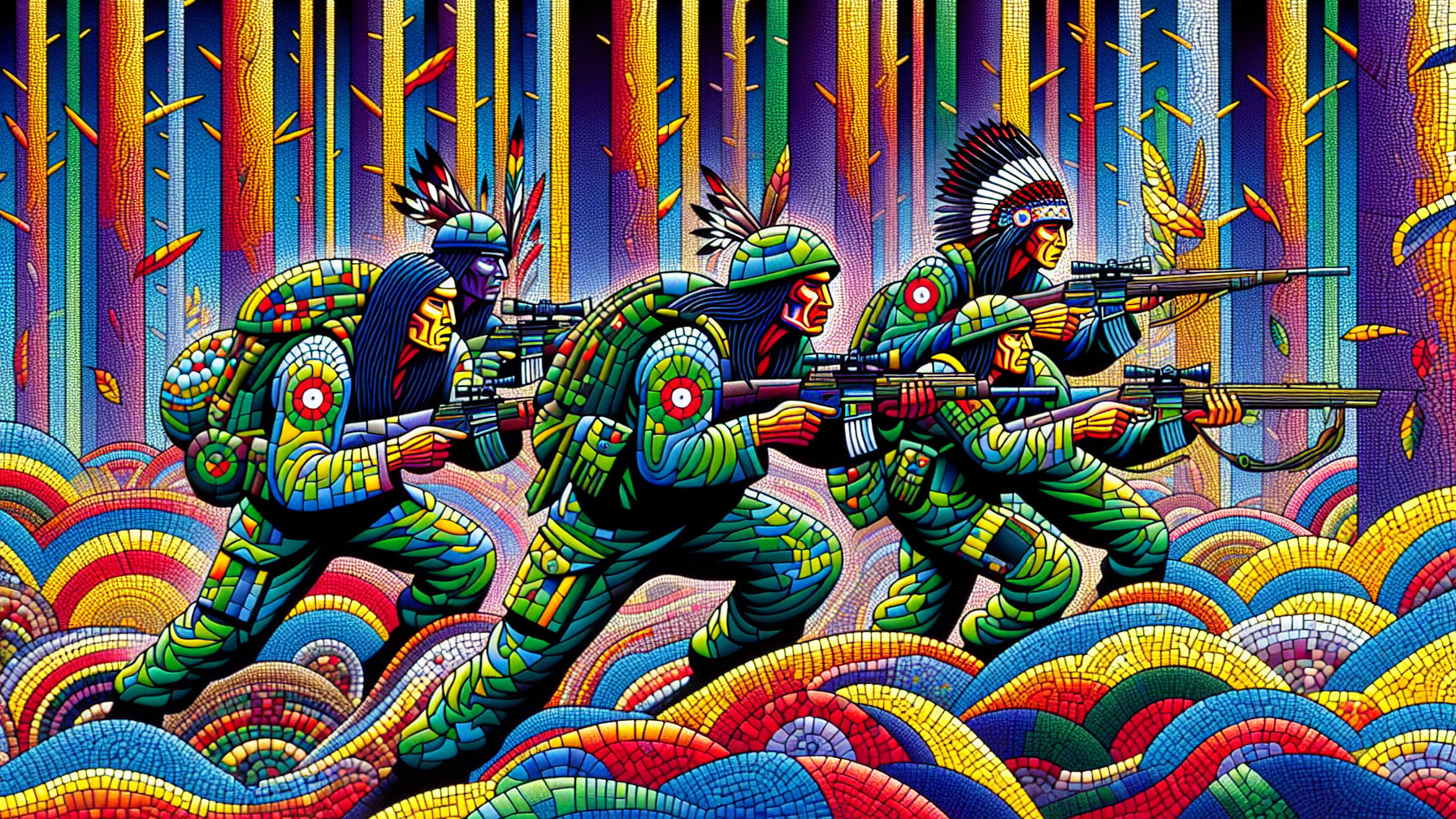 Mosaic Illustration of Native American Warriors in Camouflage