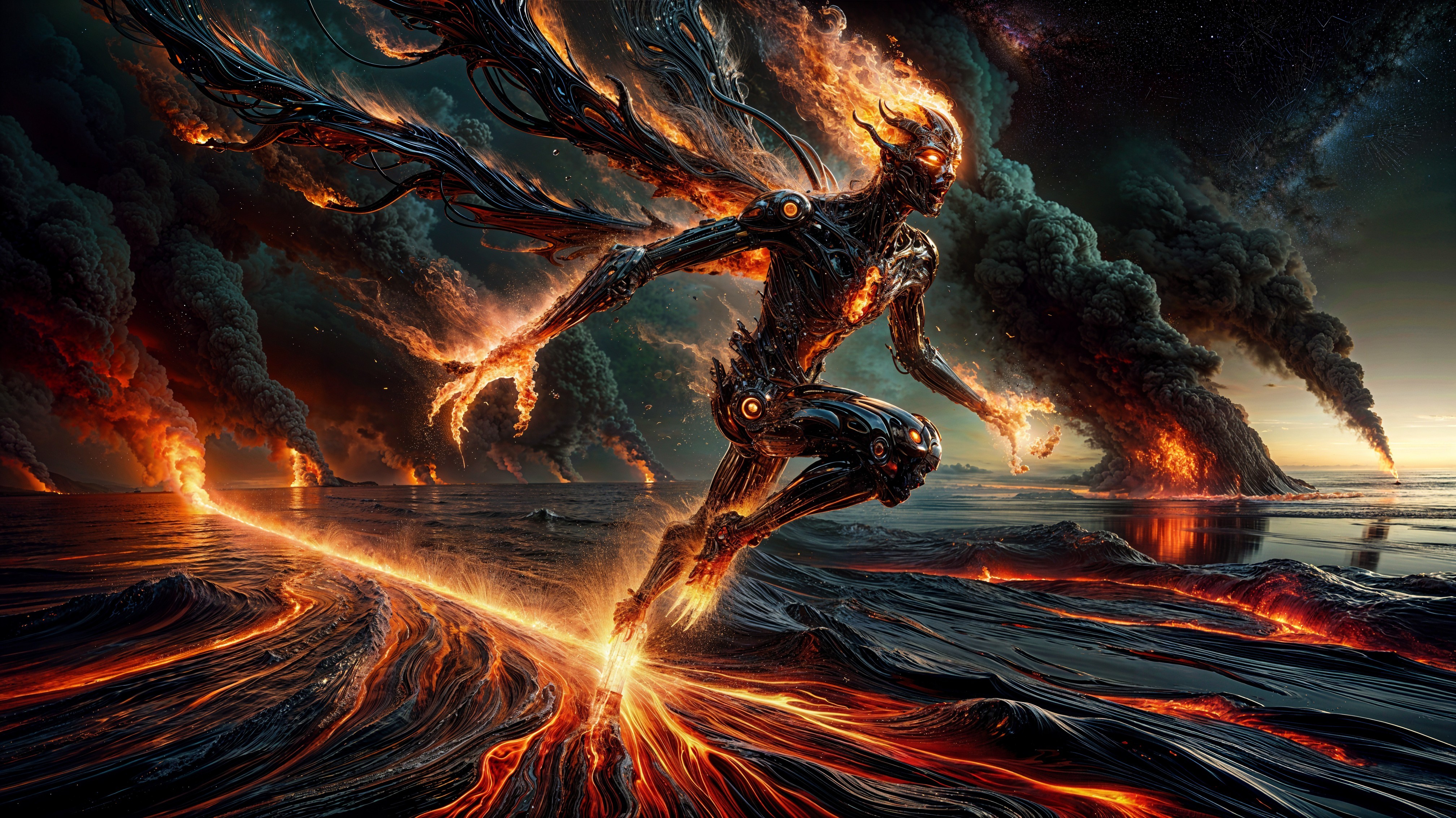 Metallic Figure in Fiery Landscape with Smoke