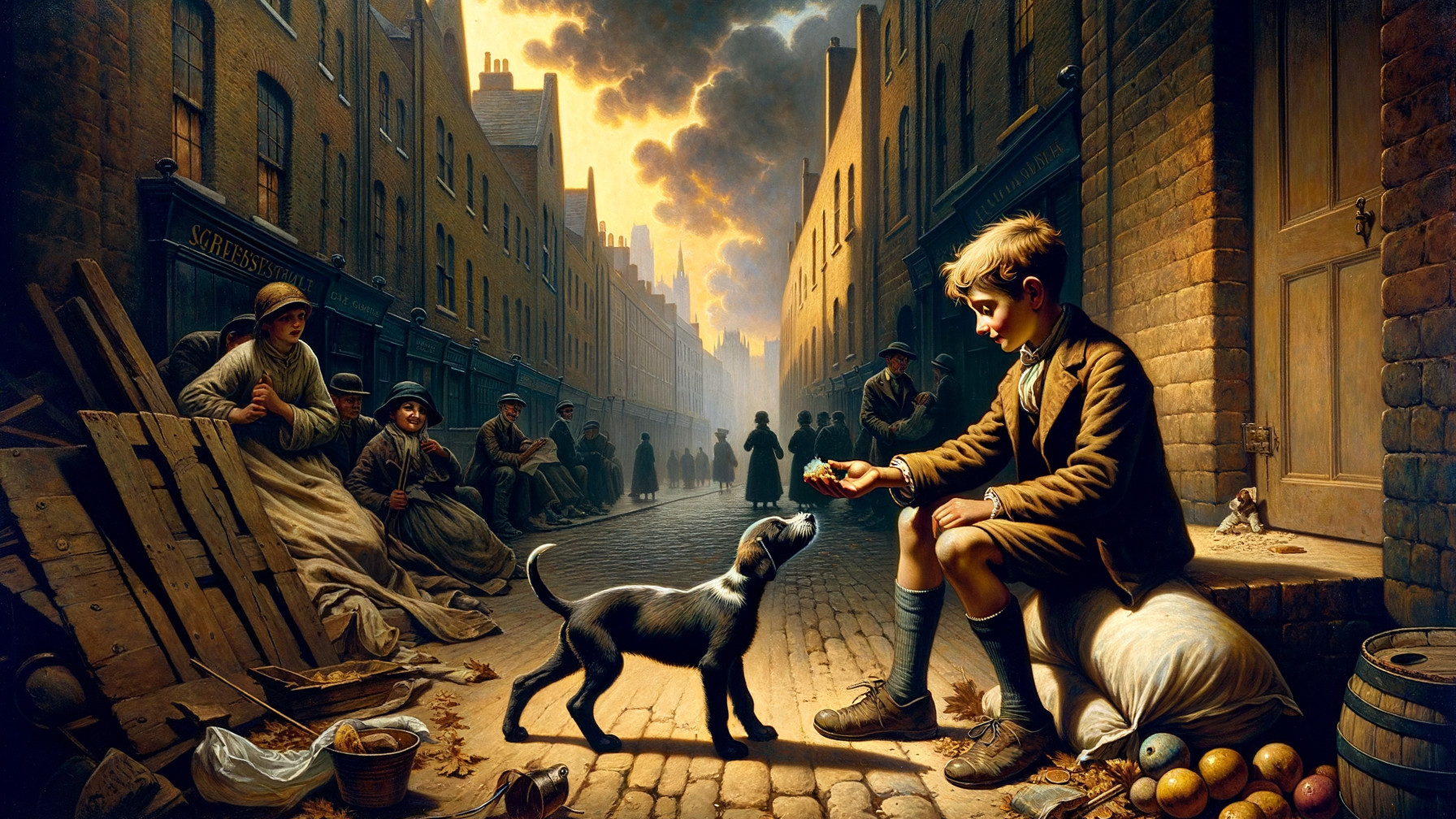 Nostalgic Scene of a Boy and Puppy in Historical Town