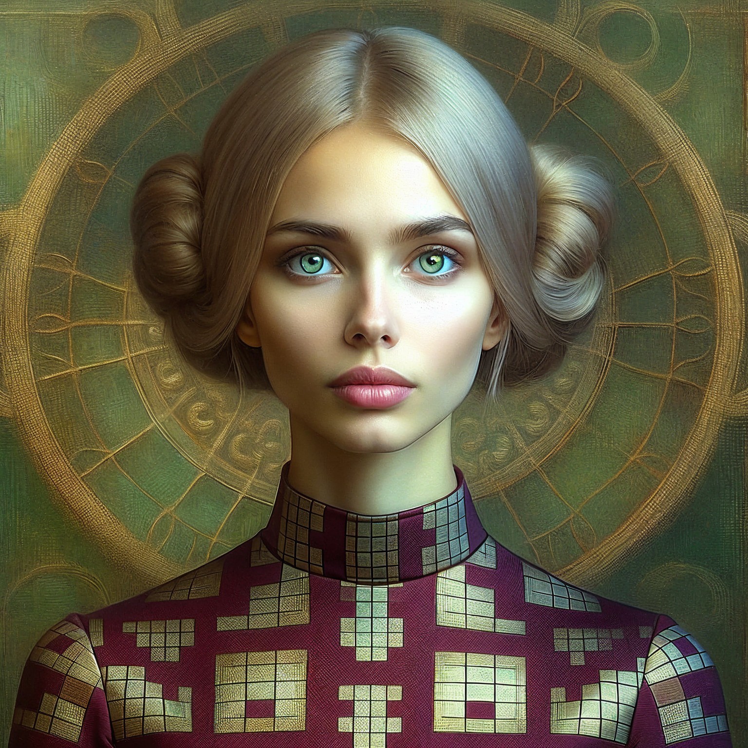 Portrait of a Young Woman with Green Eyes and Buns