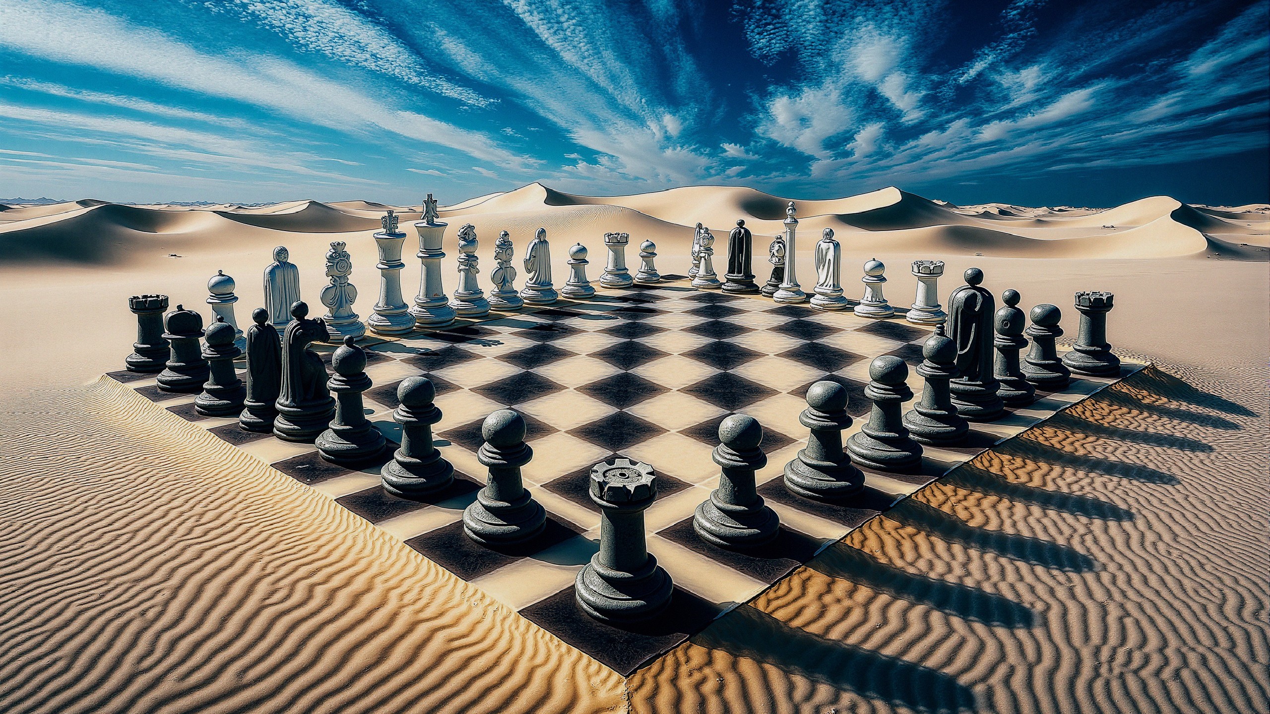 Surreal Chessboard in a Desert Landscape with Dunes