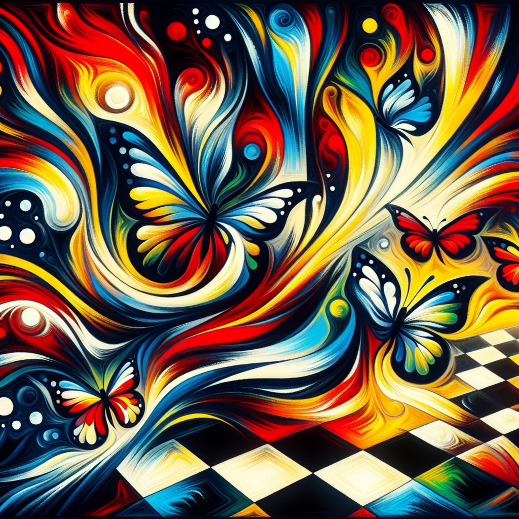 Abstract Composition with Swirling Colors and Butterflies