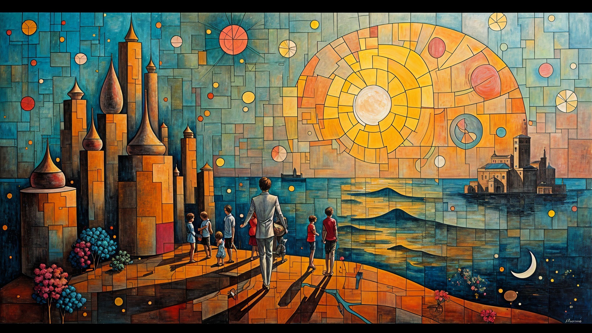 Colorful Mural of Children by a Sunset Ocean Scene