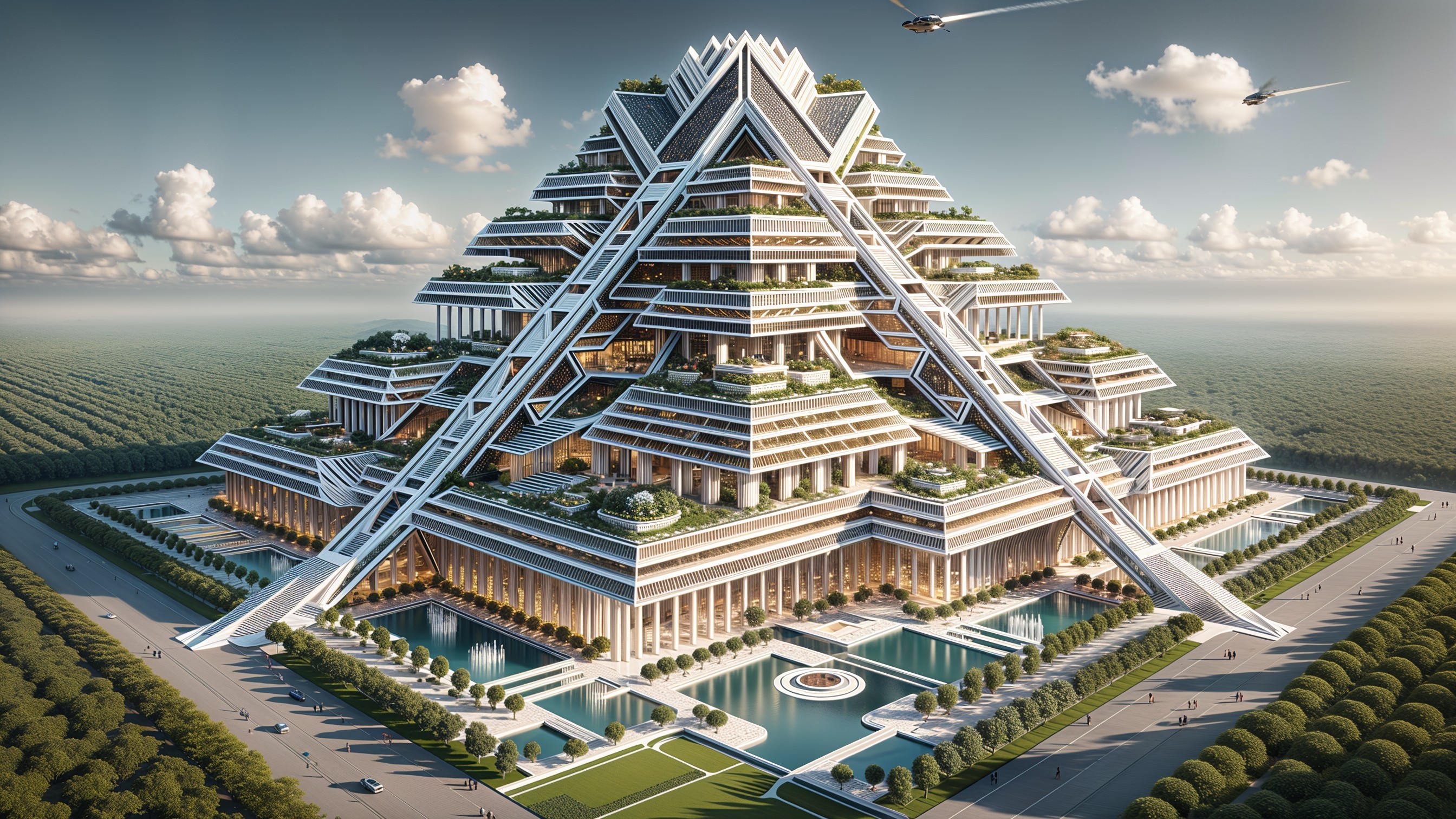 Futuristic Pyramid-Shaped Building with Green Terraces
