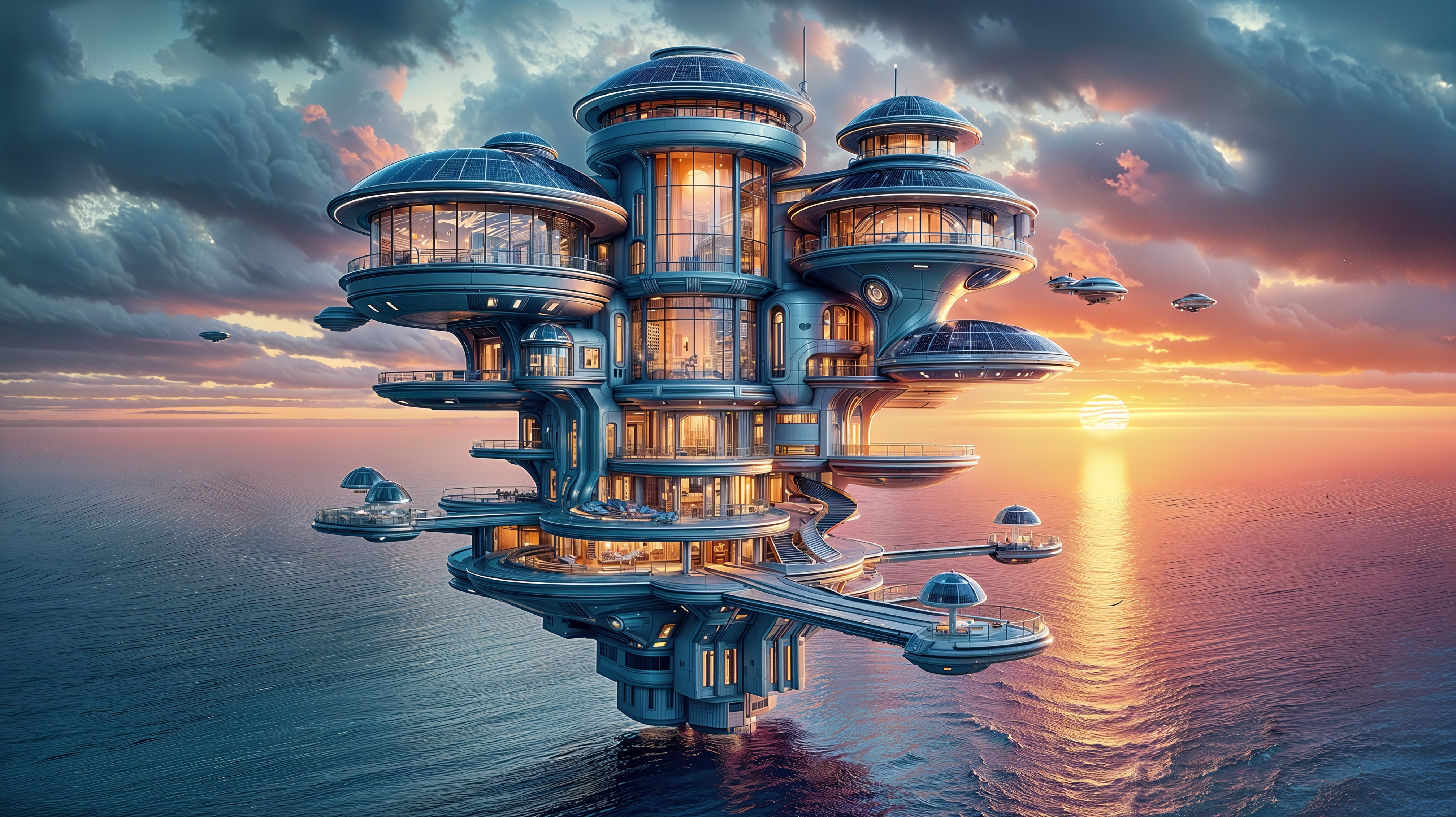 Futuristic Floating Structure Above Serene Ocean