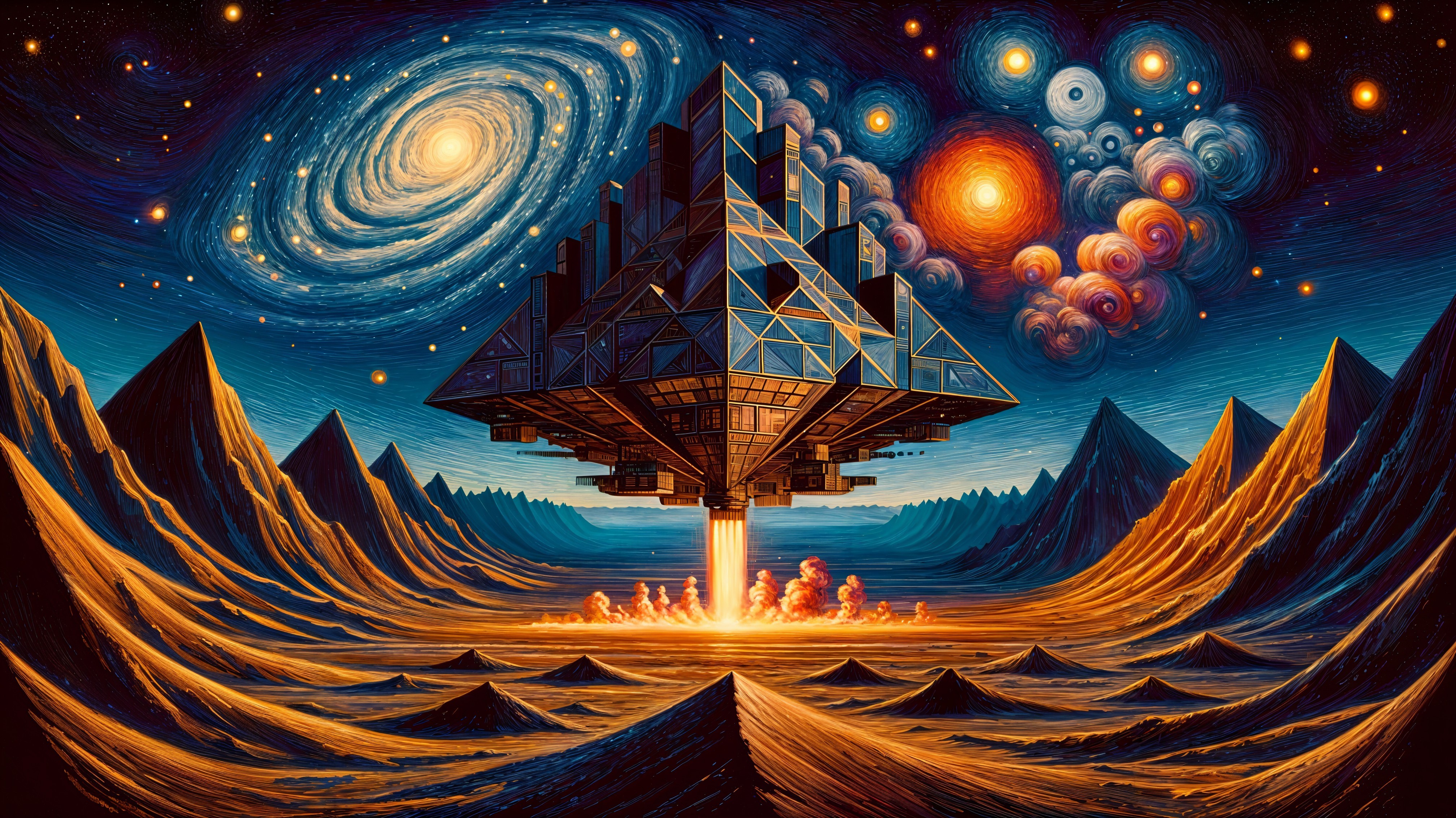 Futuristic spacecraft above rugged mountains and galaxies