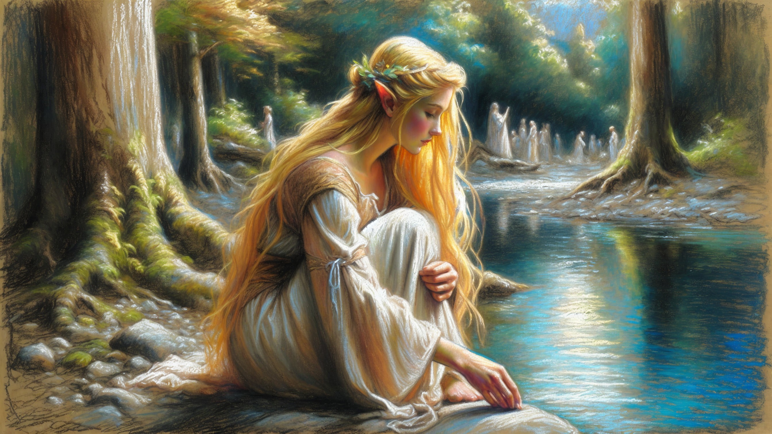 Serene forest scene with an ethereal elf by river