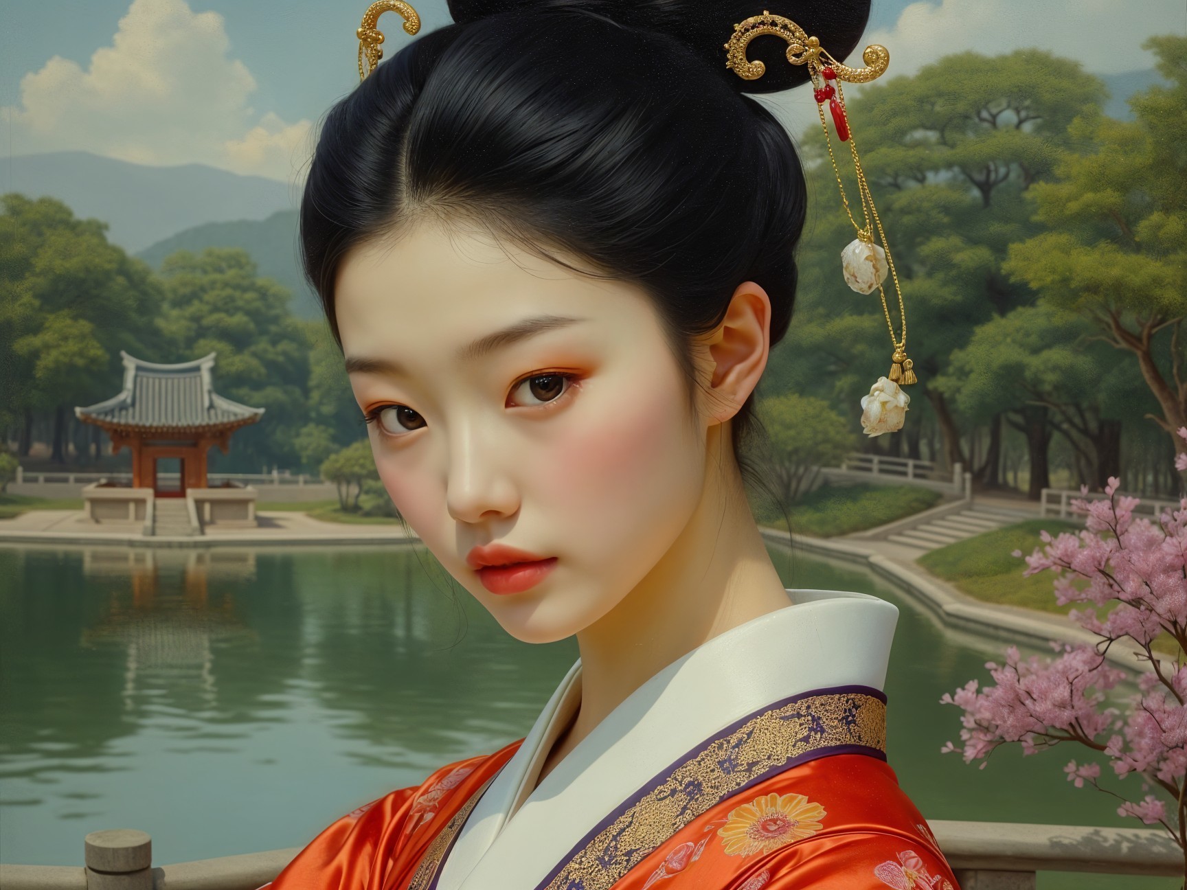 Young Woman in Traditional Attire by Serene Lake